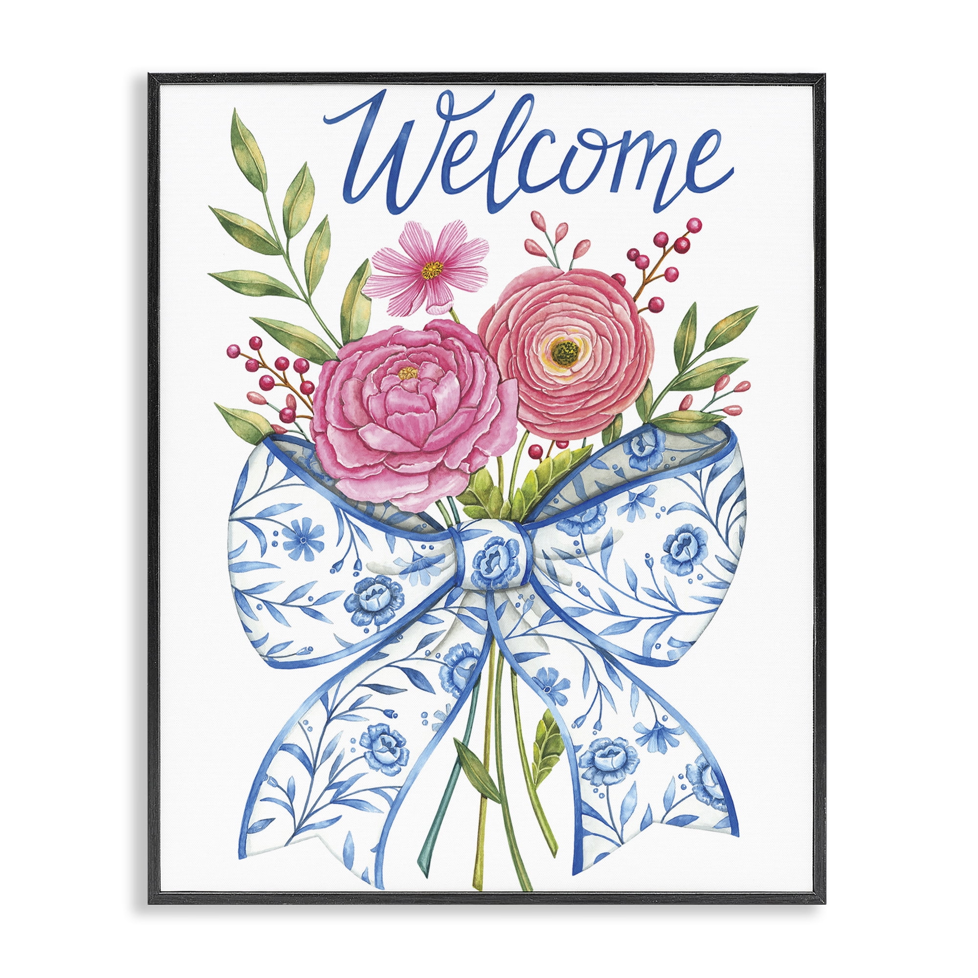 Stupell Industries Bow & Flowers Welcome Black Framed Giclee Art, design by Deb Strain
