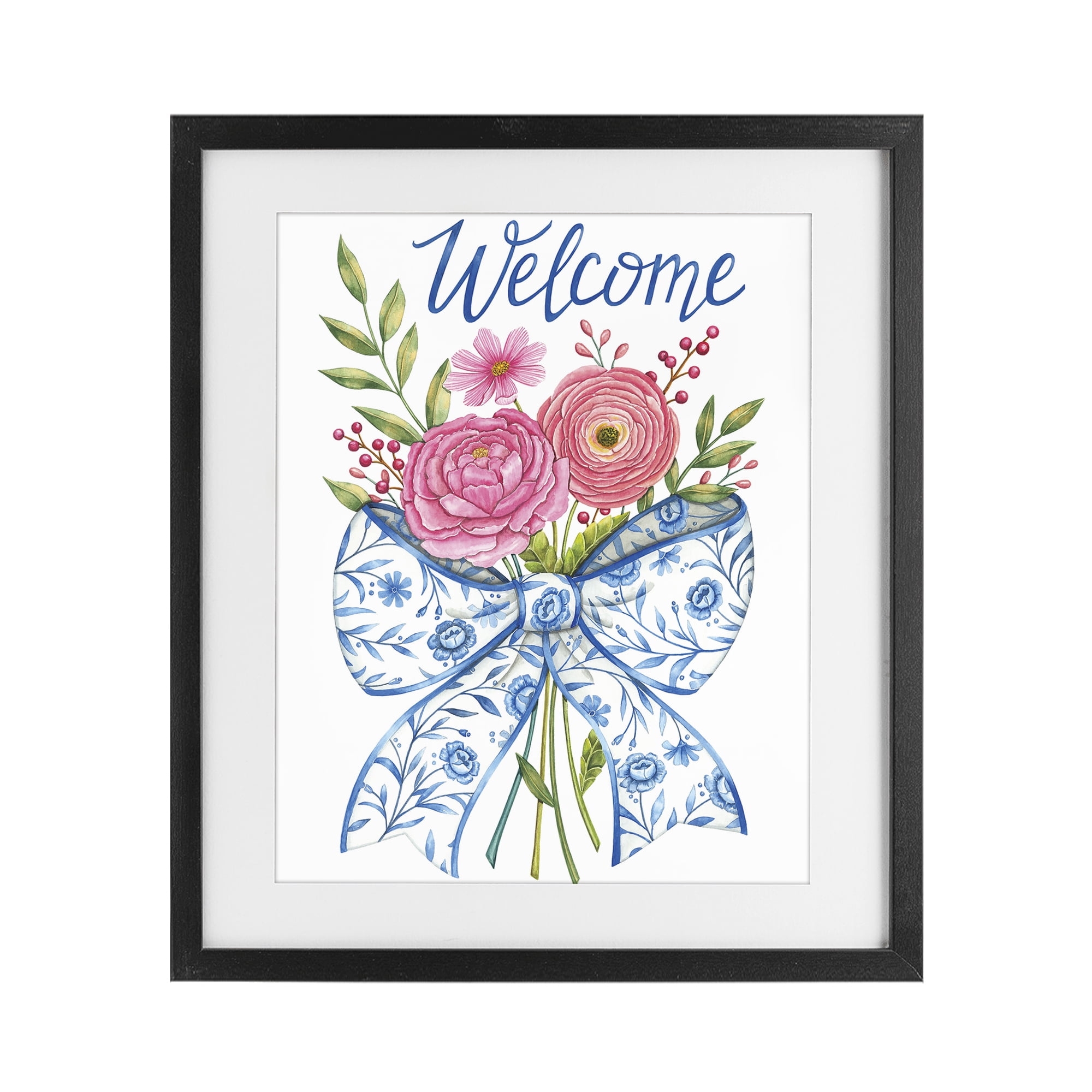 Stupell Industries Bow & Flowers Welcome Black Framed Print Under Glass, design by Deb Strain