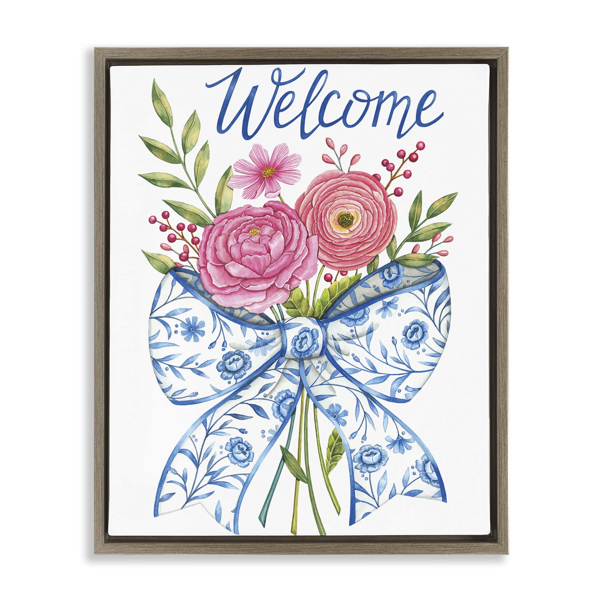 Stupell Industries Bow & Flowers Welcome Brown Framed Floater Canvas Wall Art, design by Deb Strain