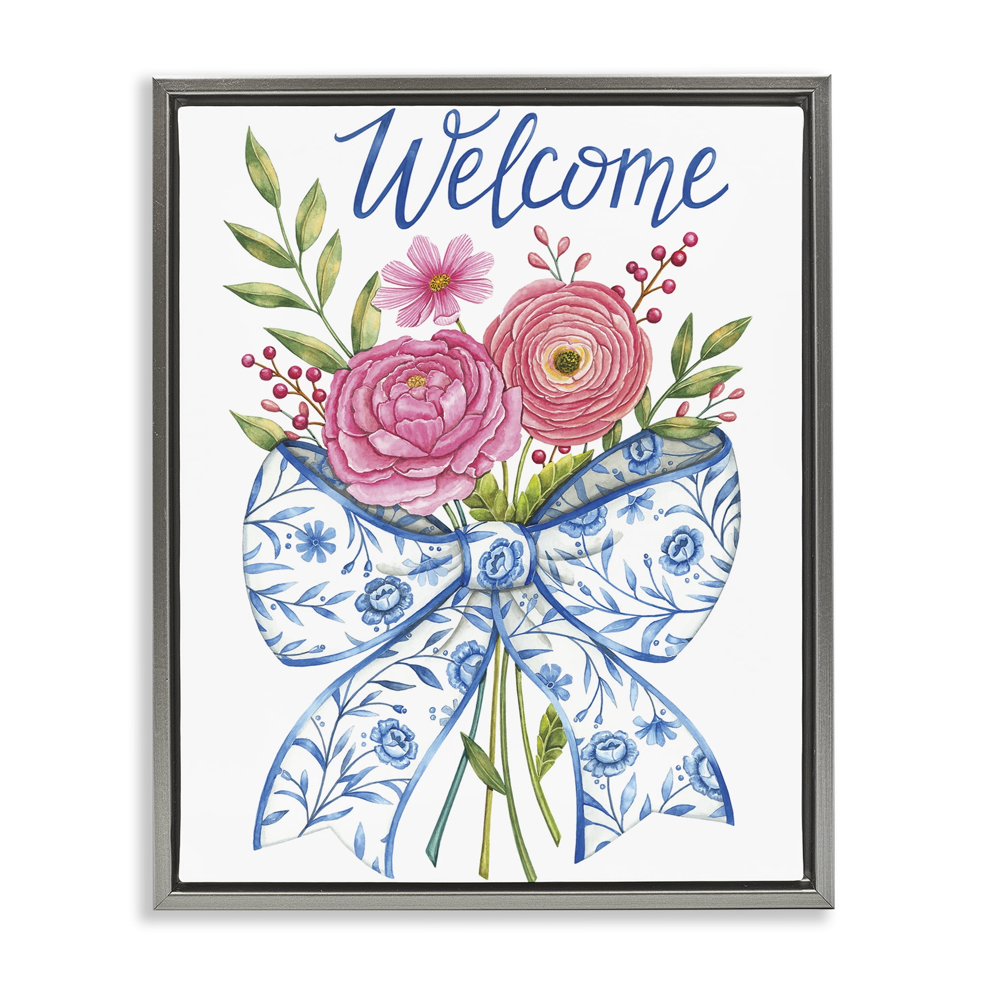 Stupell Industries Bow & Flowers Welcome Gray Framed Floater Canvas Wall Art, design by Deb Strain