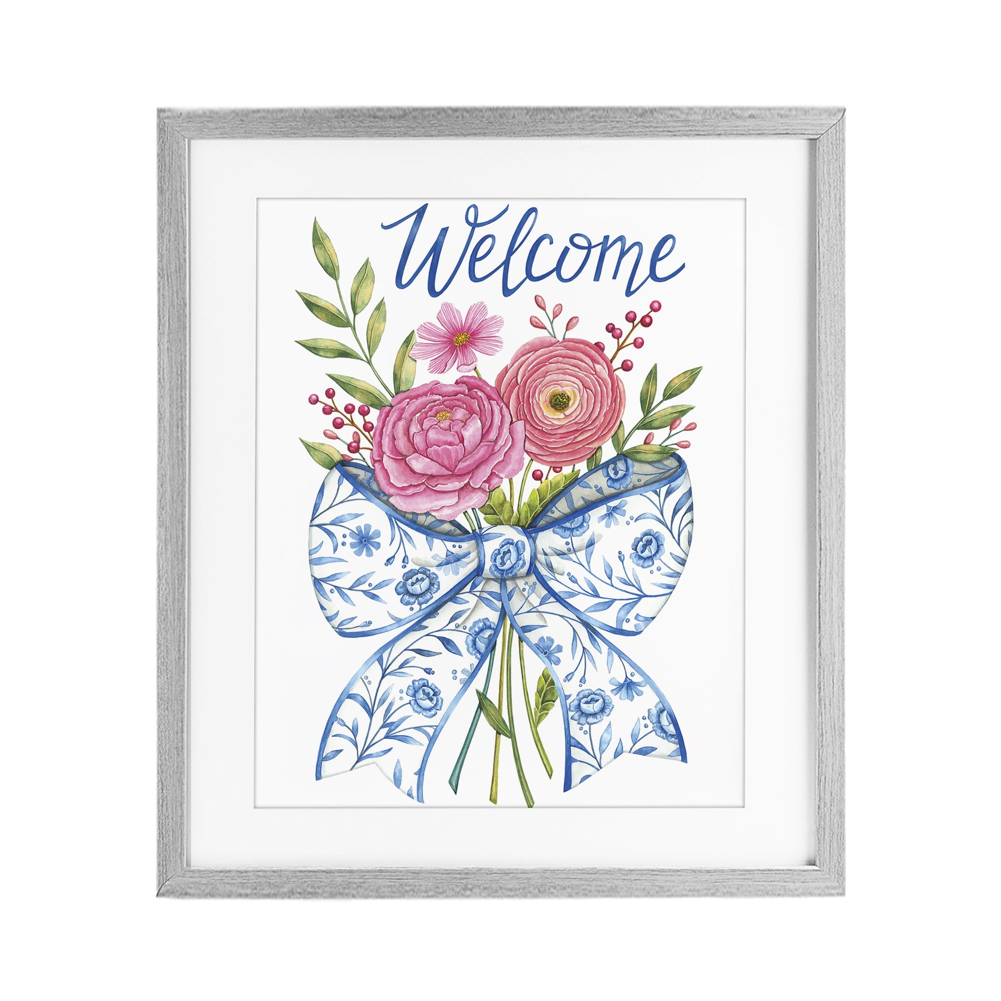 Stupell Industries Bow & Flowers Welcome Gray Framed Print Under Glass, design by Deb Strain