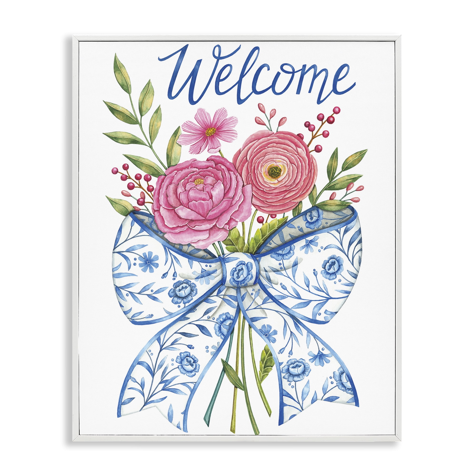 Stupell Industries Bow & Flowers Welcome White Framed Giclee Art, design by Deb Strain