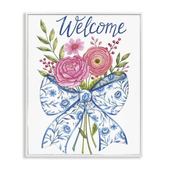 Stupell Industries Bohemian Bow & Flowers Welcome White Framed Giclee Art, 16 x 20, by Deb Strain