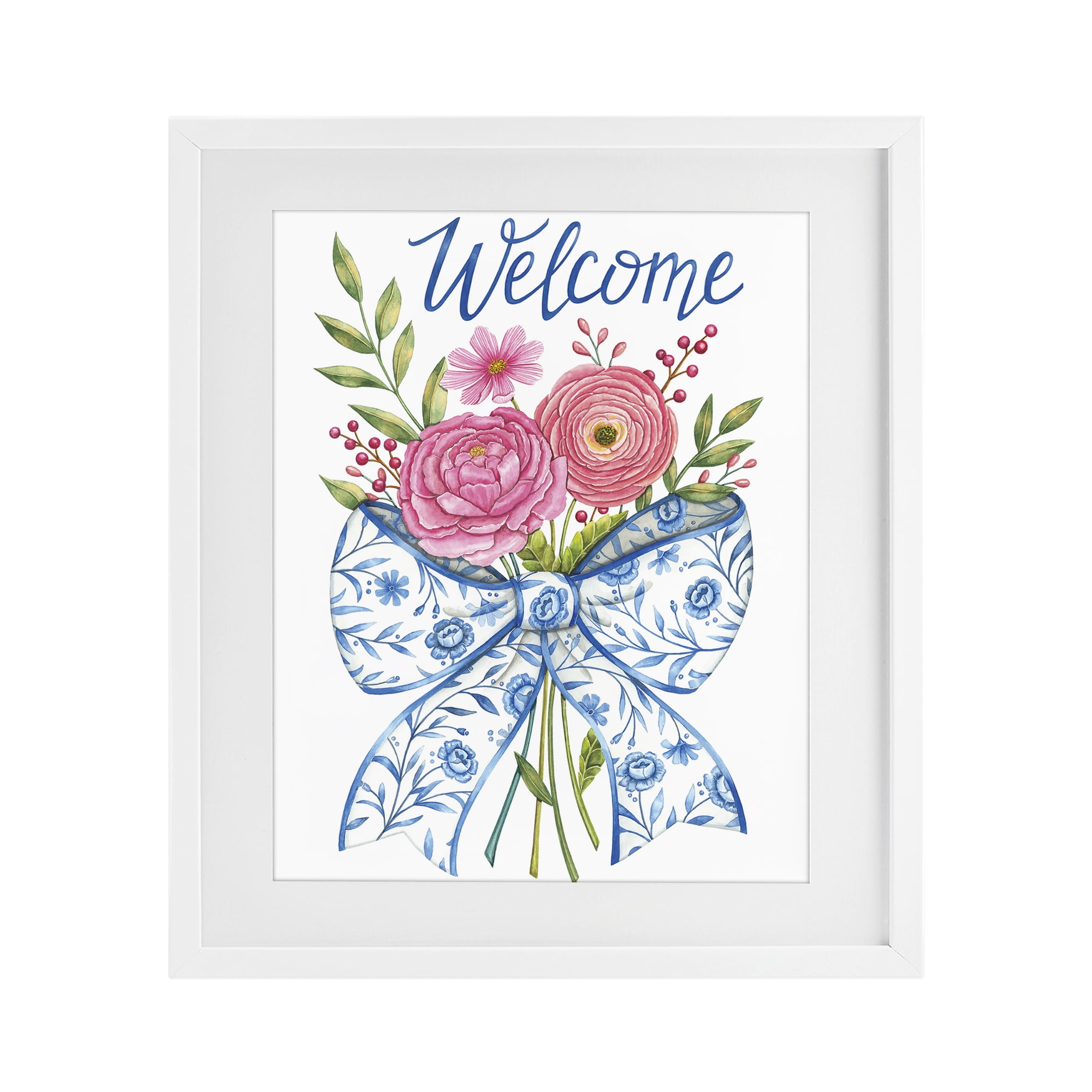 Stupell Industries Bow & Flowers Welcome White Framed Print Under Glass, design by Deb Strain
