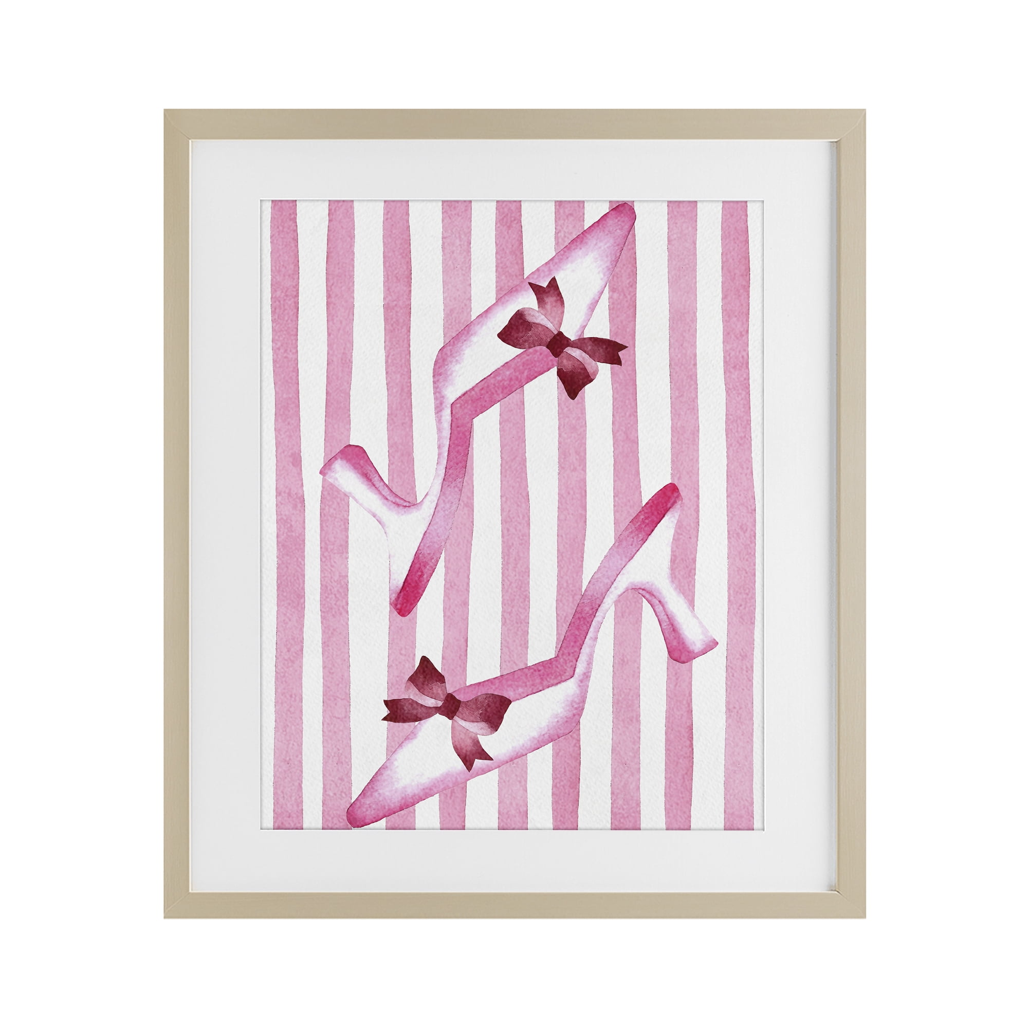 Stupell Industries Bow Heels on Pink Stripes Birch Framed Print Under Glass, design by Camila Juncos