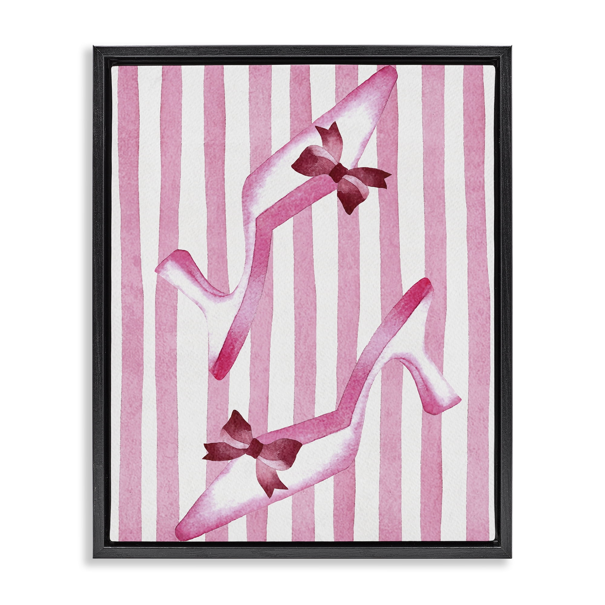 Stupell Industries Bow Heels on Pink Stripes Black Framed Floater Canvas Wall Art, design by Camila Juncos