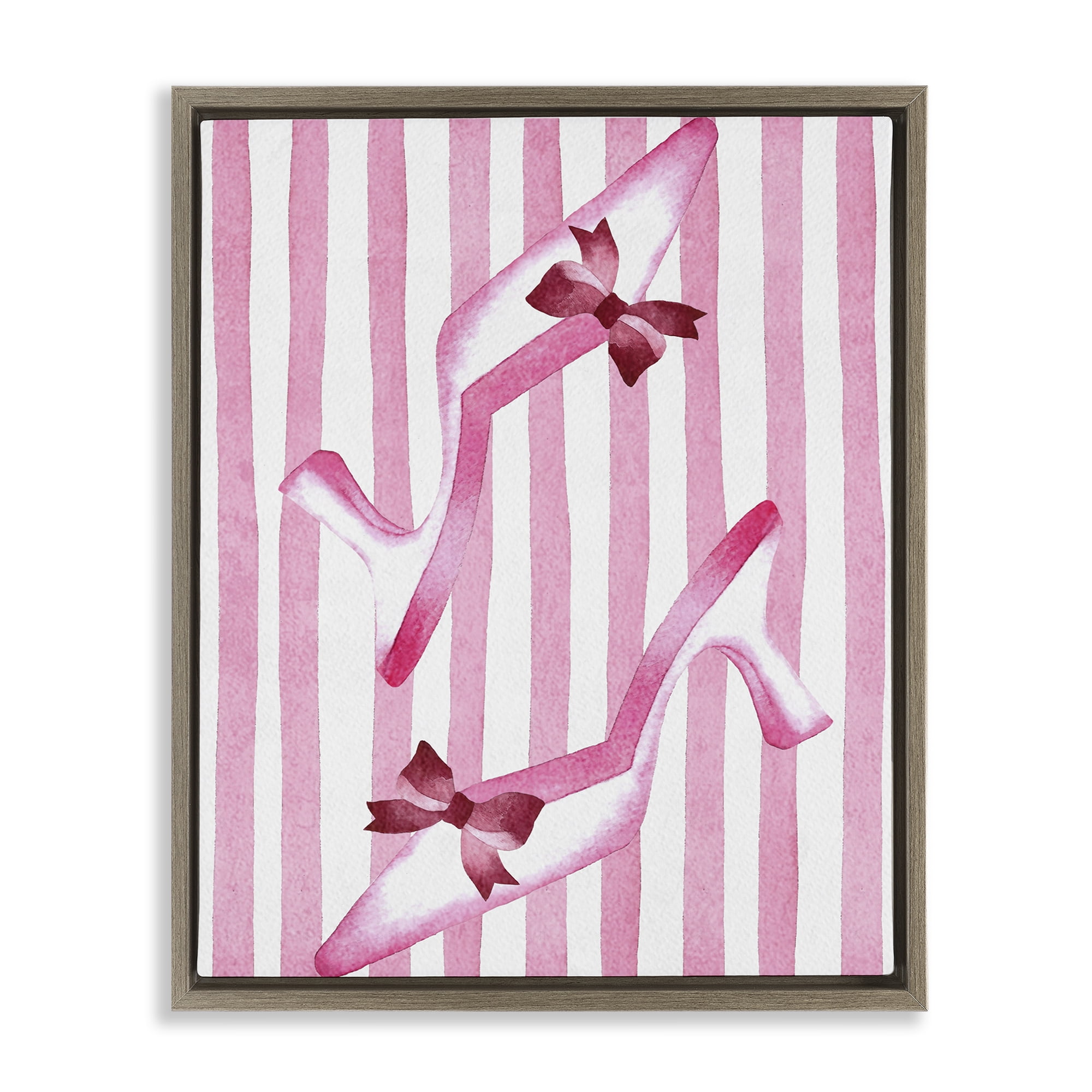 Stupell Industries Bow Heels on Pink Stripes Brown Framed Floater Canvas Wall Art, design by Camila Juncos