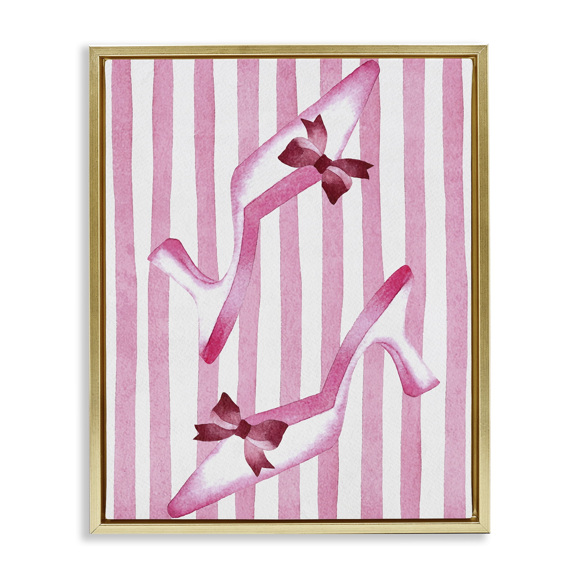 Stupell Industries Bow Heels on Pink Stripes Gold Framed Floater Canvas Wall Art, design by Camila Juncos