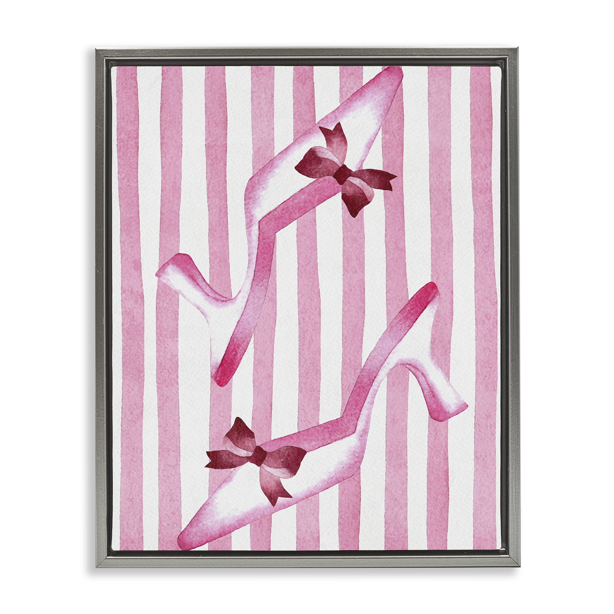 Stupell Industries Bow Heels on Pink Stripes Gray Framed Floater Canvas Wall Art, design by Camila Juncos