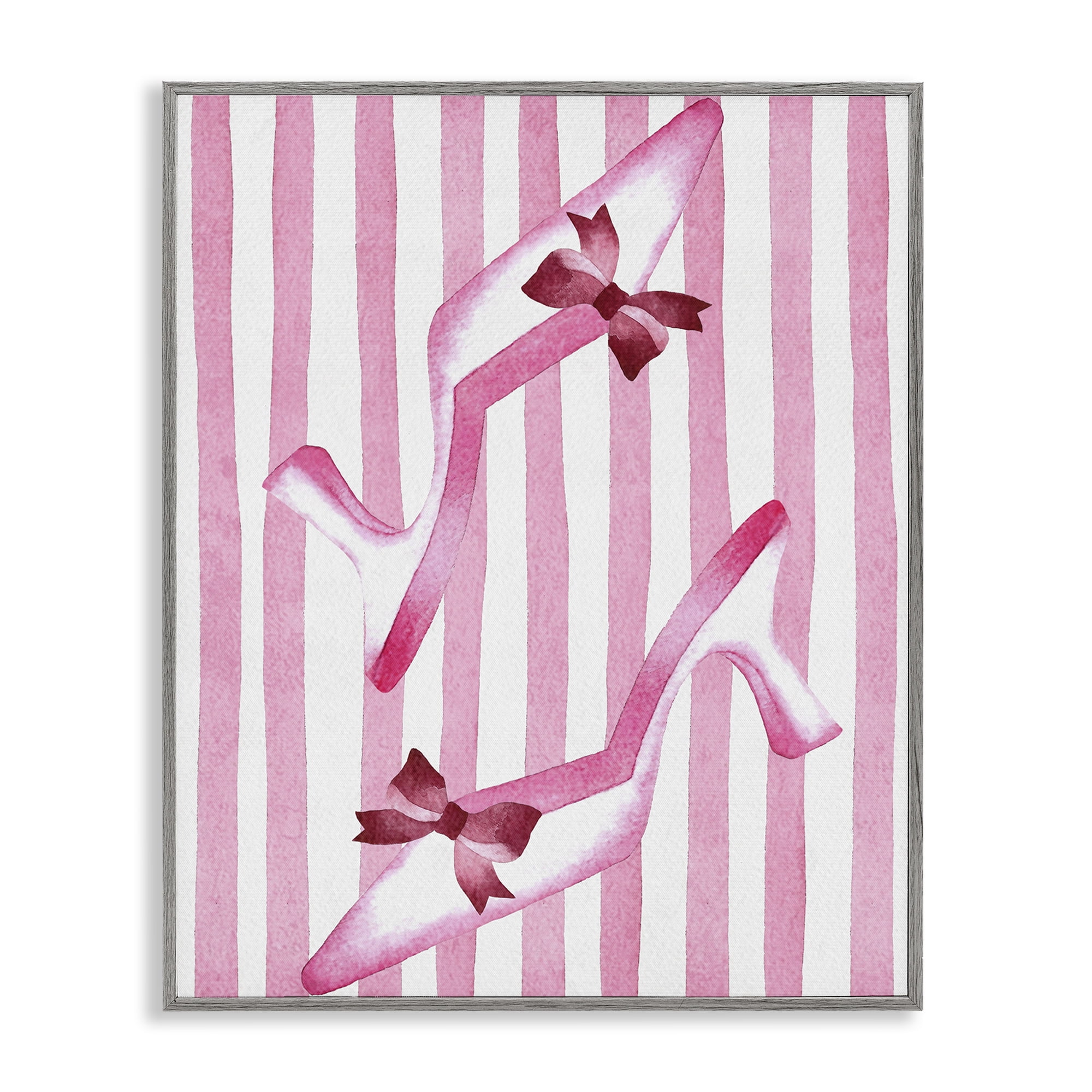 Stupell Industries Bow Heels on Pink Stripes Gray Framed Giclee Art, design by Camila Juncos