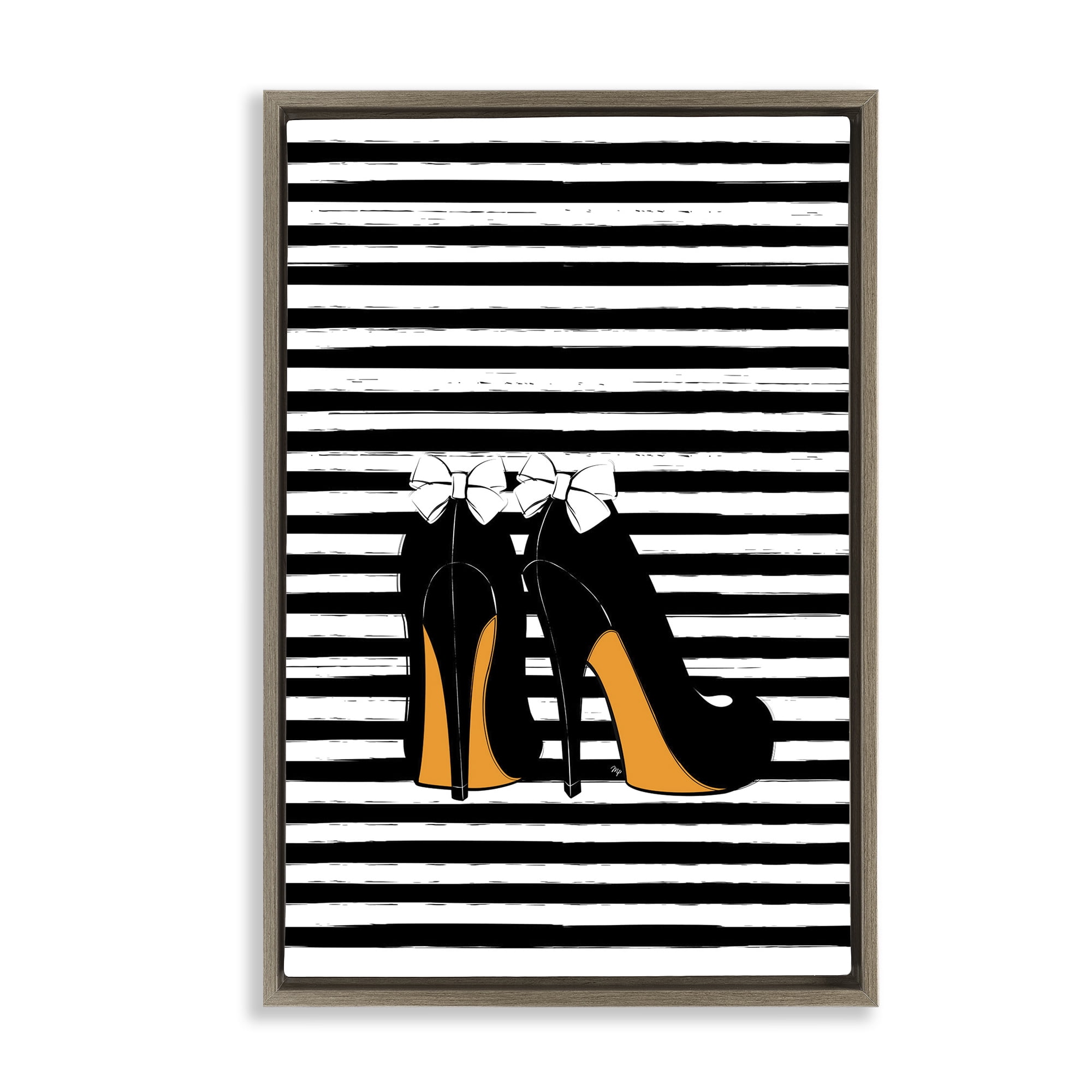 Stupell Industries Bow Heels on Stripes Beauty & Fashion Painting Brown Floater Framed Art Print Wall Art, 21 x 31