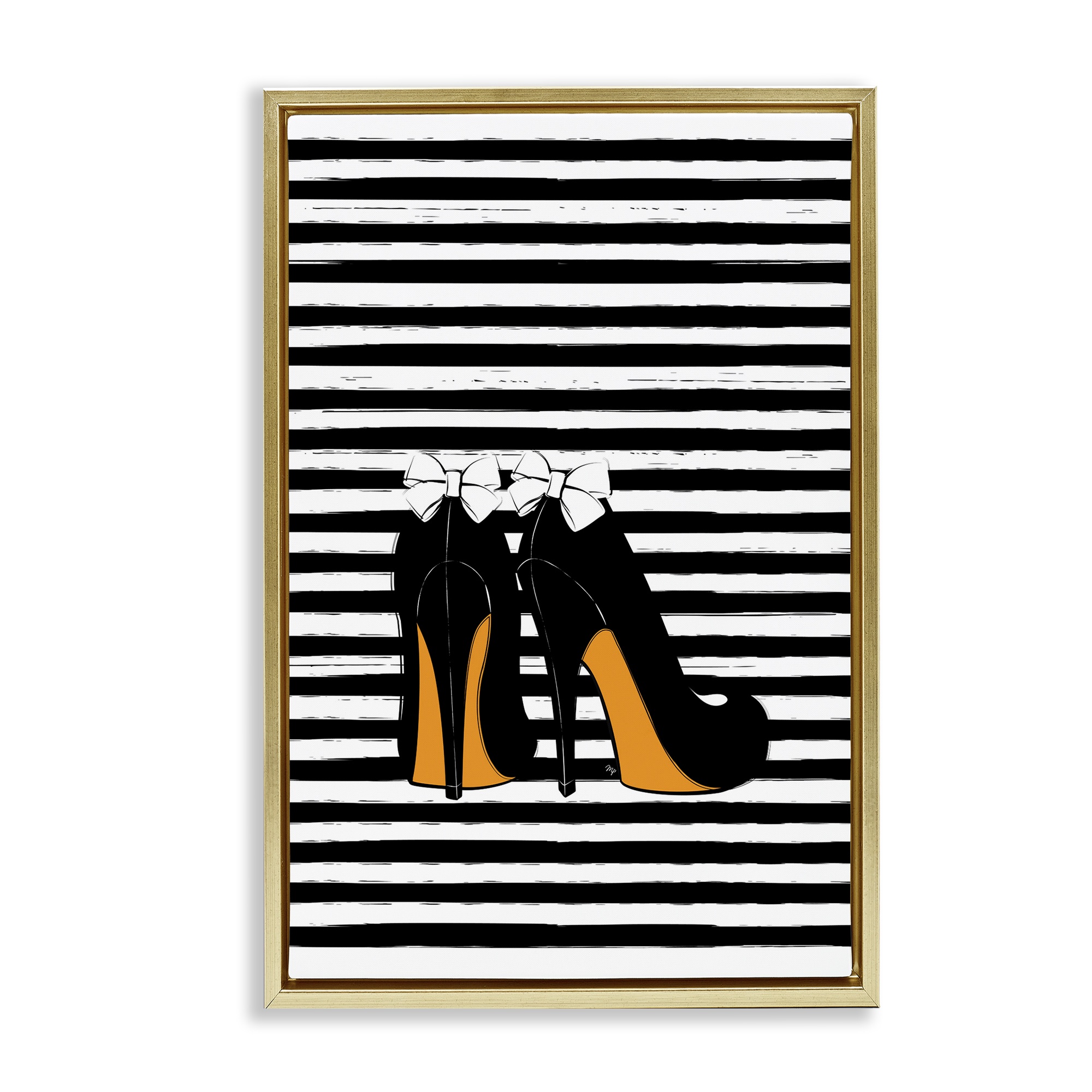 Stupell Industries Bow Heels on Stripes Beauty & Fashion Painting Gold Floater Framed Art Print Wall Art, 17 x 25