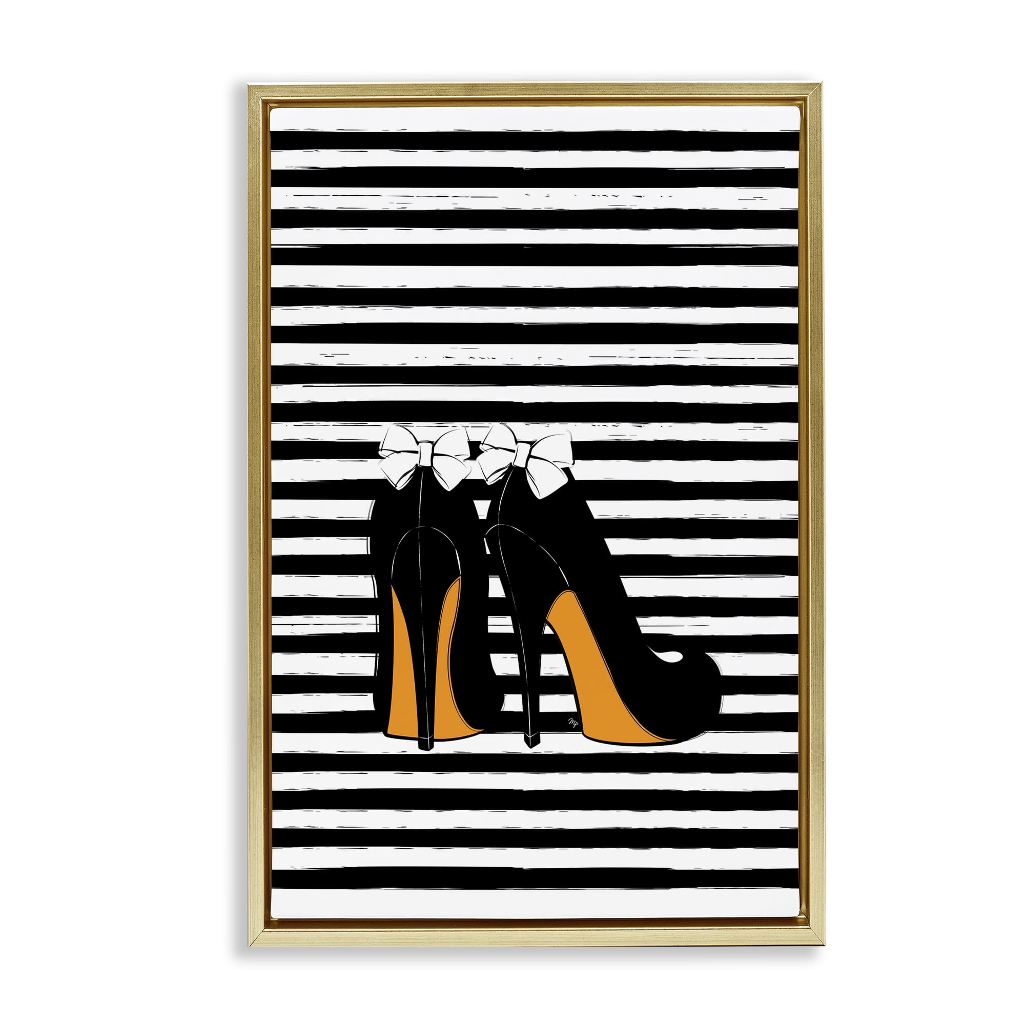 Stupell Industries Bow Heels on Stripes Beauty & Fashion Painting Gold Floater Framed Art Print Wall Art, 21 x 31