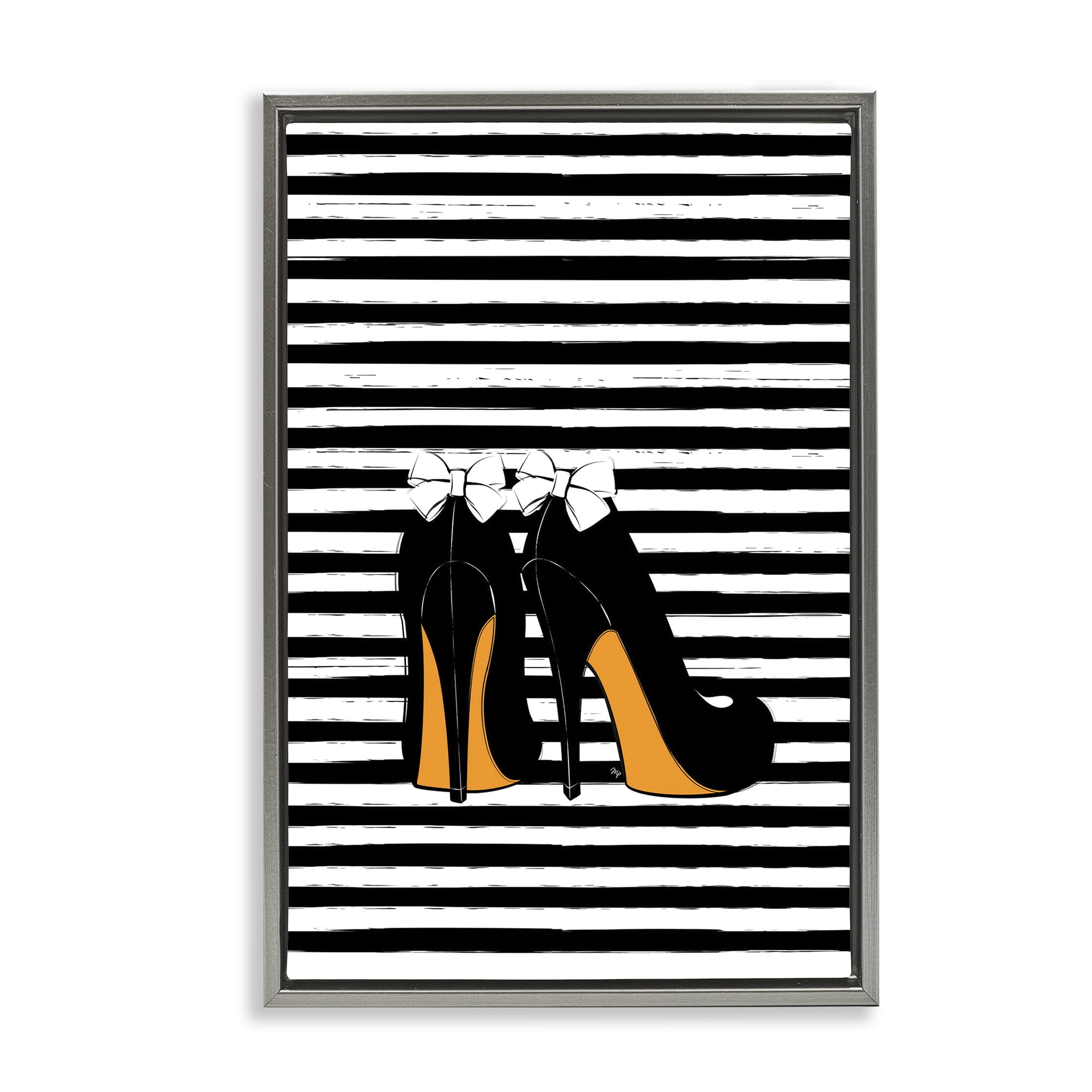Stupell Industries Bow Heels on Stripes Beauty & Fashion Painting Gray Floater Framed Art Print Wall Art, 17 x 25
