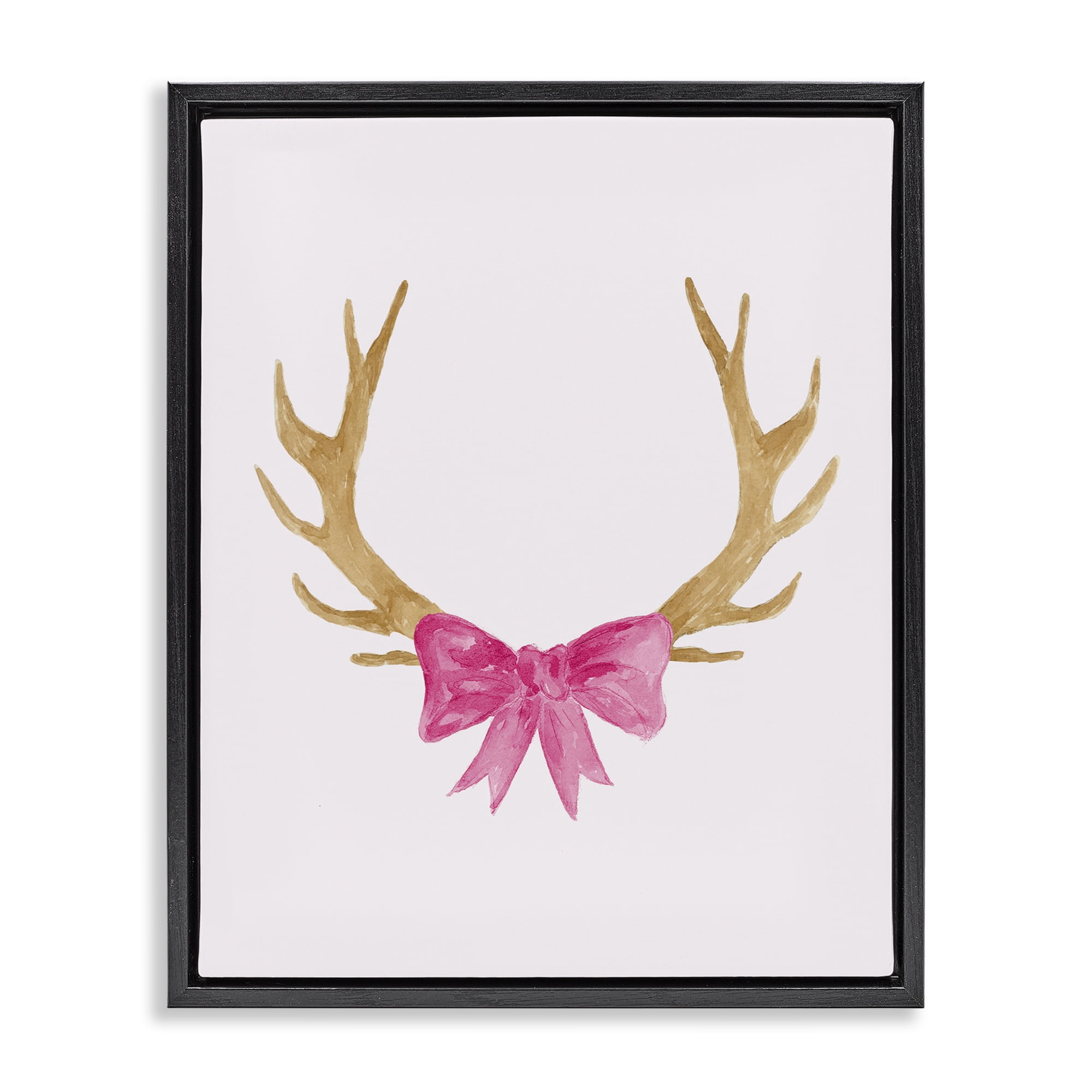 Stupell Industries Bow On Deer Antlers Animals Painting Black Floater Framed Canvas Art Print Wall Art, 25 x 31