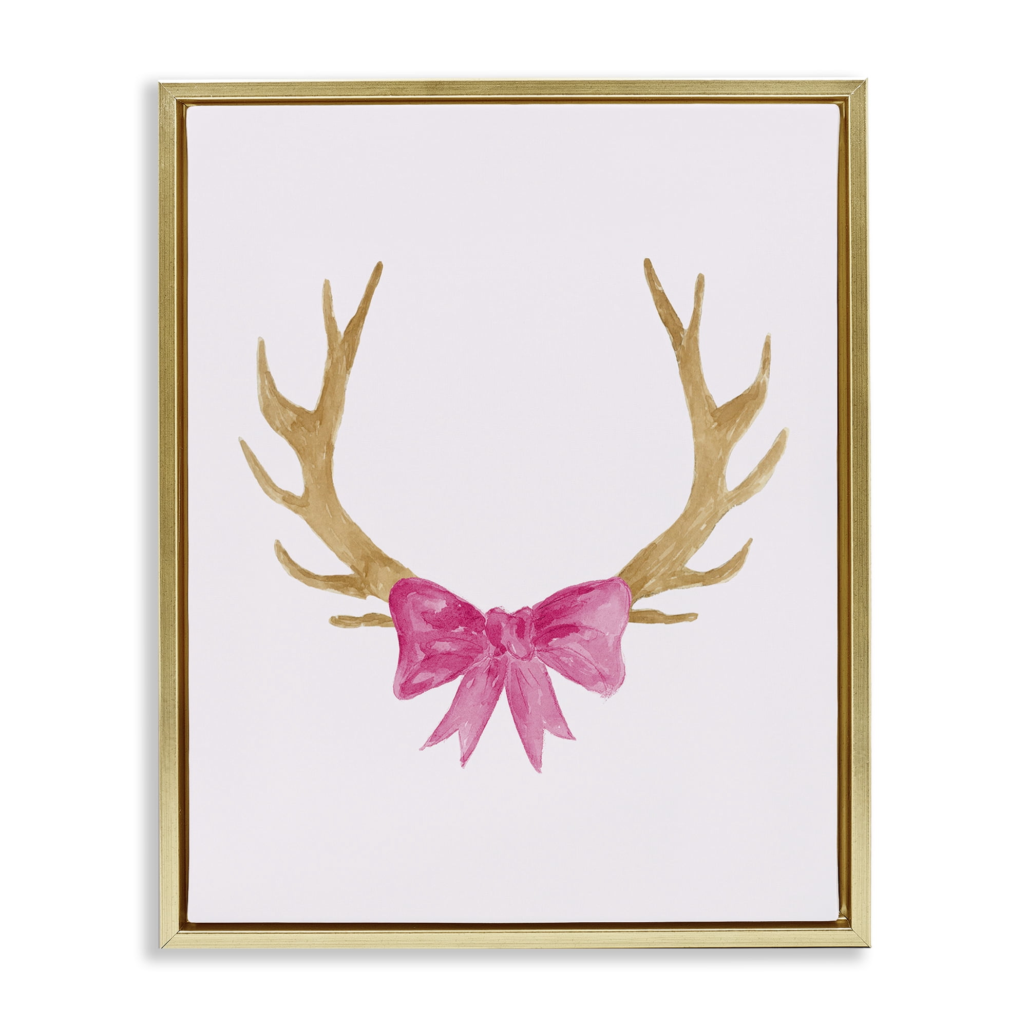 Stupell Industries Bow On Deer Antlers Animals Painting Gold Floater Framed Canvas Art Print Wall Art, 25 x 31