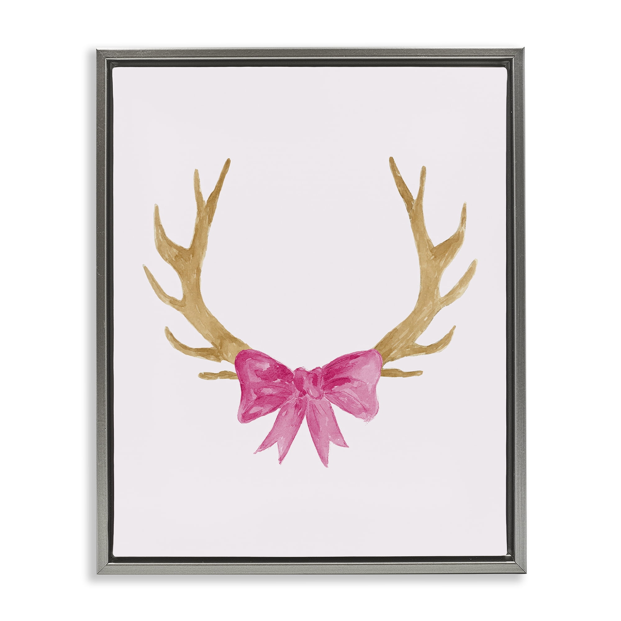 Stupell Industries Bow On Deer Antlers Animals Painting Gray Floater Framed Canvas Art Print Wall Art, 17 x 21