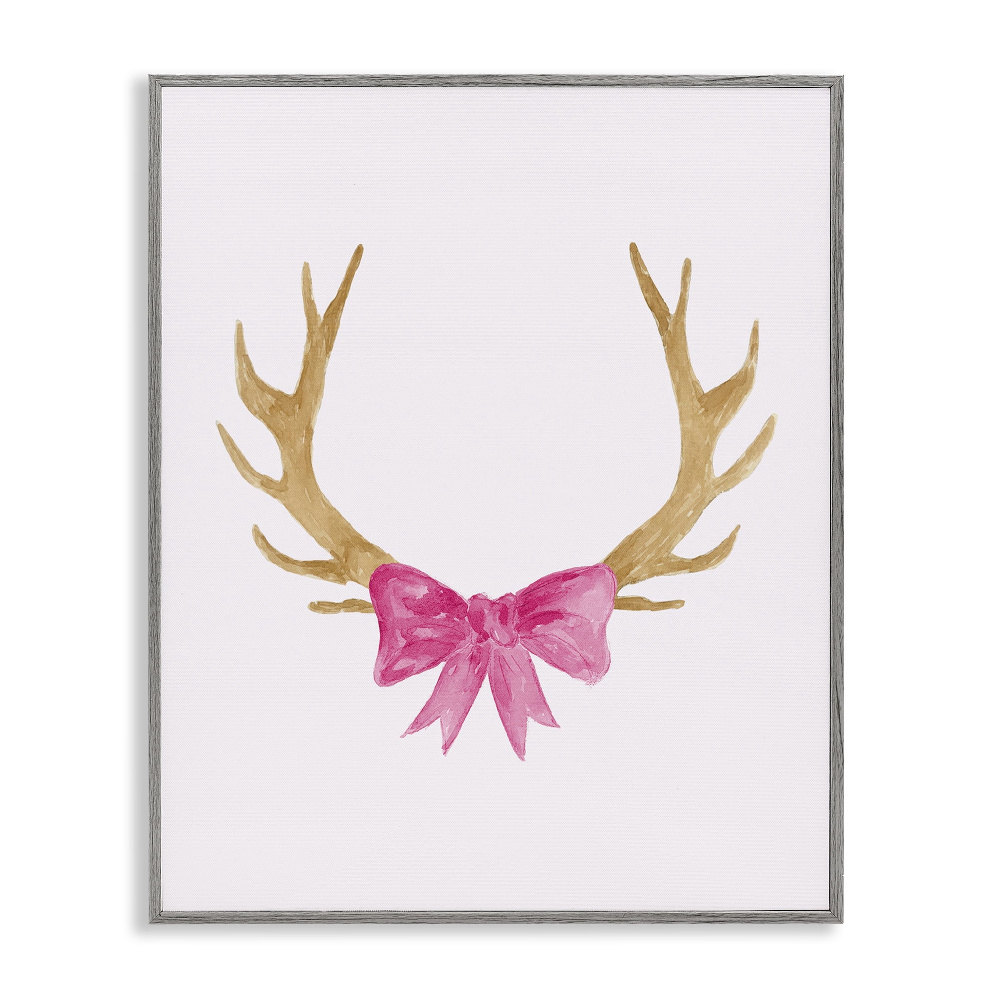 Stupell Industries Bow On Deer Antlers Animals Painting Gray Framed Art Print Wall Art, 24 x 30