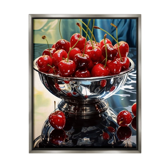 Stupell Industries Bowl of Cherries Reflection Food & Beverage Painting Gray Floater Framed Canvas Art Print Wall Art, 17 x 21