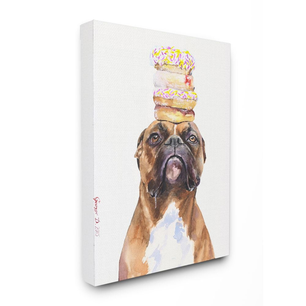 Funny Boxer Dog with Donuts Watercolor Canvas Art, 16 x 20