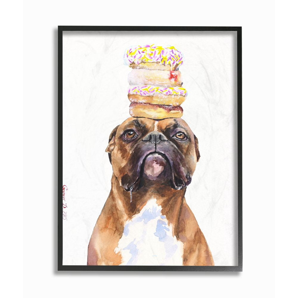 Stupell Industries Boxer And Donuts Funny Dog Pet Animal Watercolor Painting Framed Giclee Texturized Art by George Dyachenko