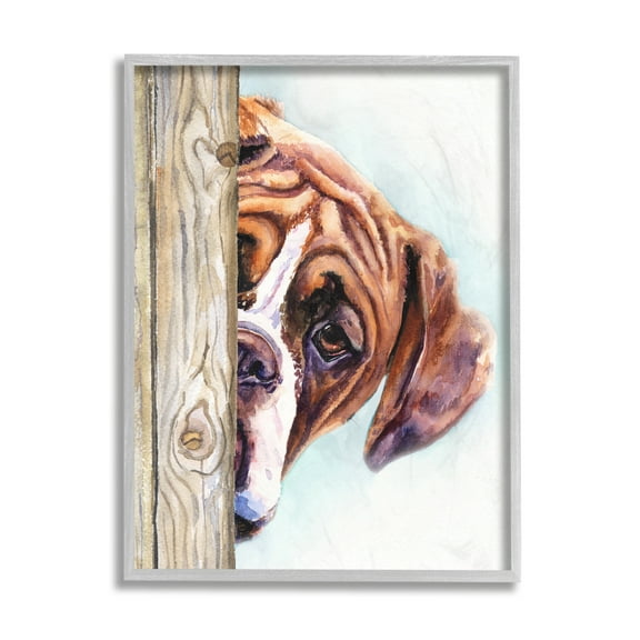 Stupell Industries Boxer Dog Hide and Seek Puppy Portrait Grey Framed, 11 x 14, Design by George Dyachenko