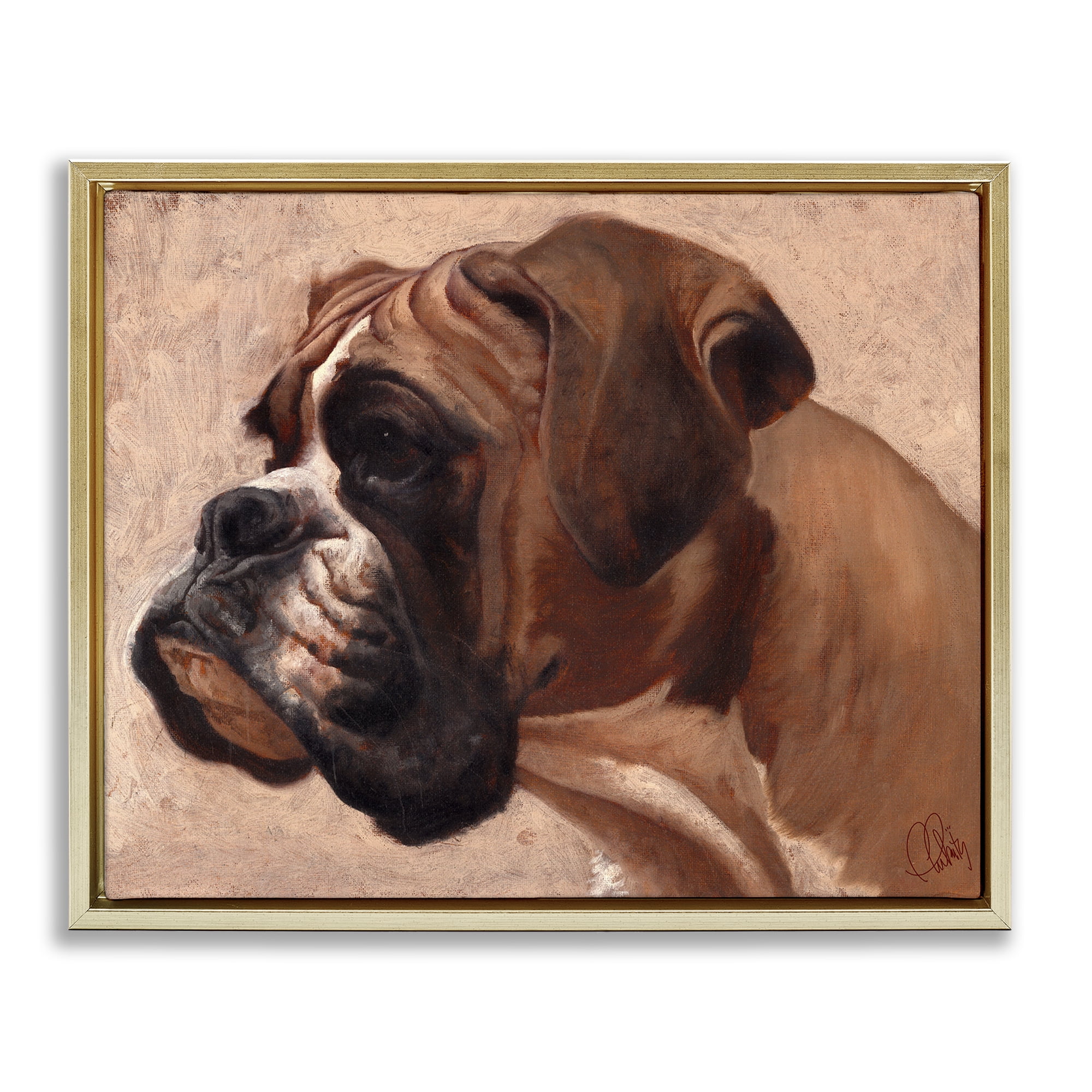 Stupell Industries Boxer Dog Neutral Portrait Animals & Insects Painting Gold Floater Framed Canvas Art Print Wall Art, 21 x 17