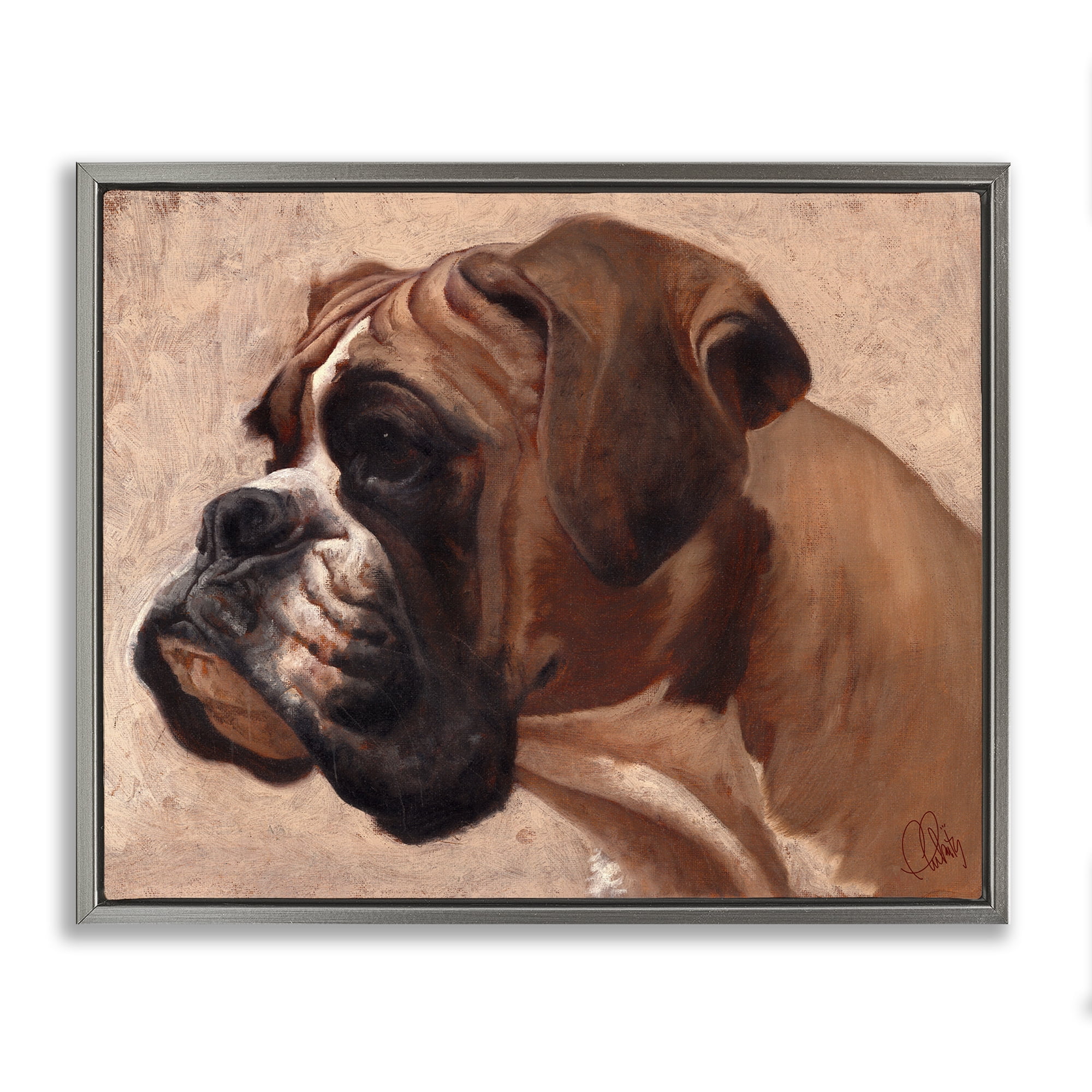 Stupell Industries Boxer Dog Neutral Portrait Animals & Insects Painting Gray Floater Framed Canvas Art Print Wall Art, 21 x 17