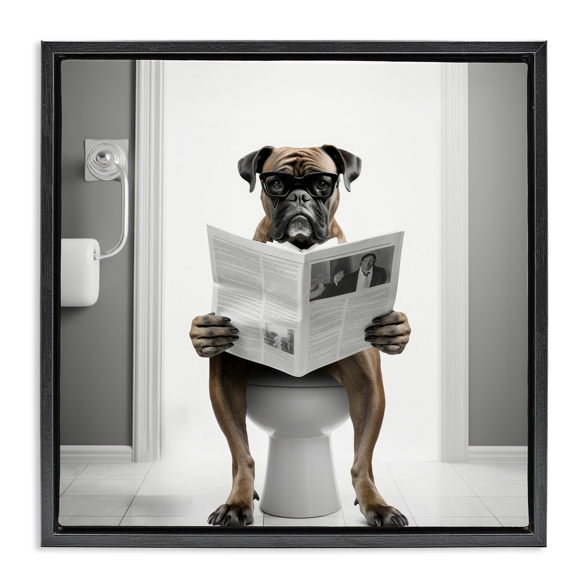 Stupell Industries Boxer Dog & Newspaper Animals & Insects Painting Black Floater Framed Canvas Art Print Wall Art, 18 x 18