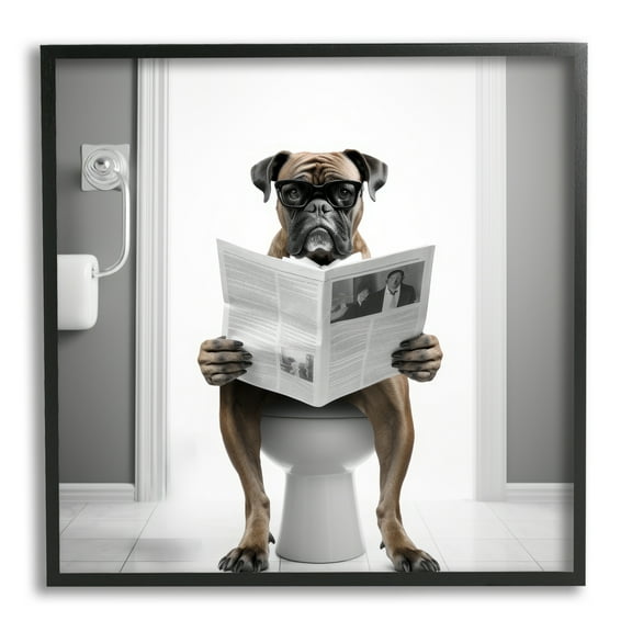 Stupell Industries Boxer Dog & Newspaper Animals & Insects Painting Black Framed Art Print Wall Art, 12 x 12