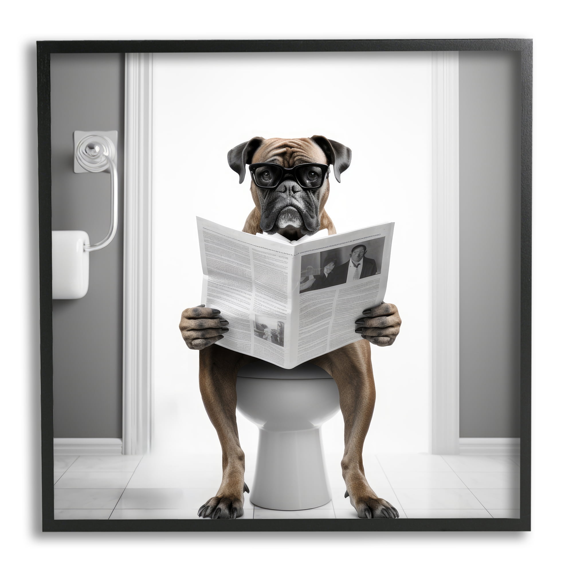 Stupell Industries Boxer Dog & Newspaper Animals & Insects Painting Black Framed Art Print Wall Art, 24 x 24
