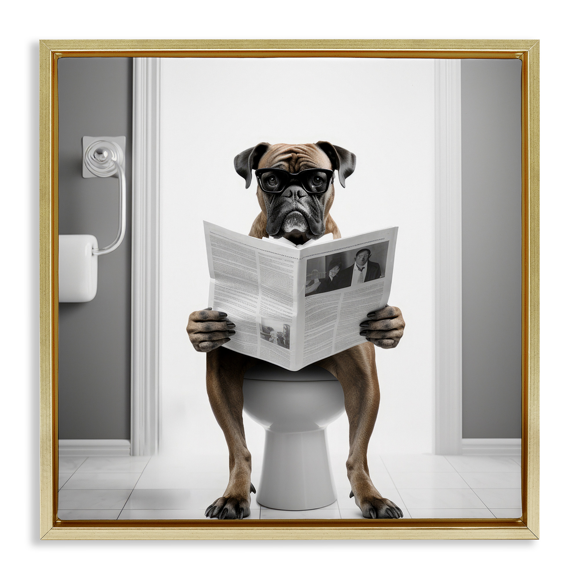 Stupell Industries Boxer Dog & Newspaper Animals & Insects Painting Gold Floater Framed Canvas Art Print Wall Art, 18 x 18