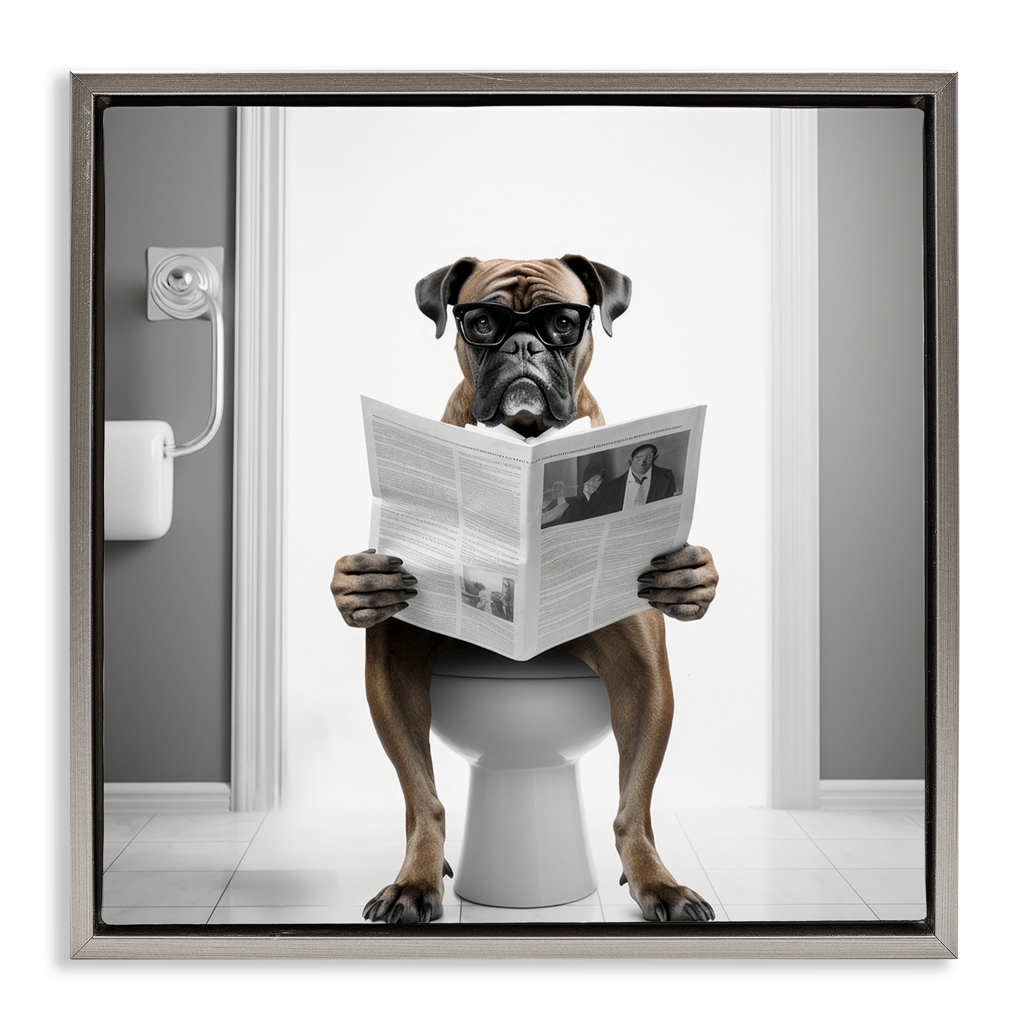 Stupell Industries Boxer Dog & Newspaper Animals & Insects Painting Gray Floater Framed Canvas Art Print Wall Art, 18 x 18