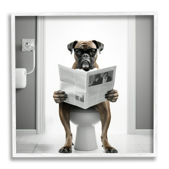 Stupell Industries Boxer Dog & Newspaper Animals & Insects Painting White Framed Art Print Wall Art, 17 x 17