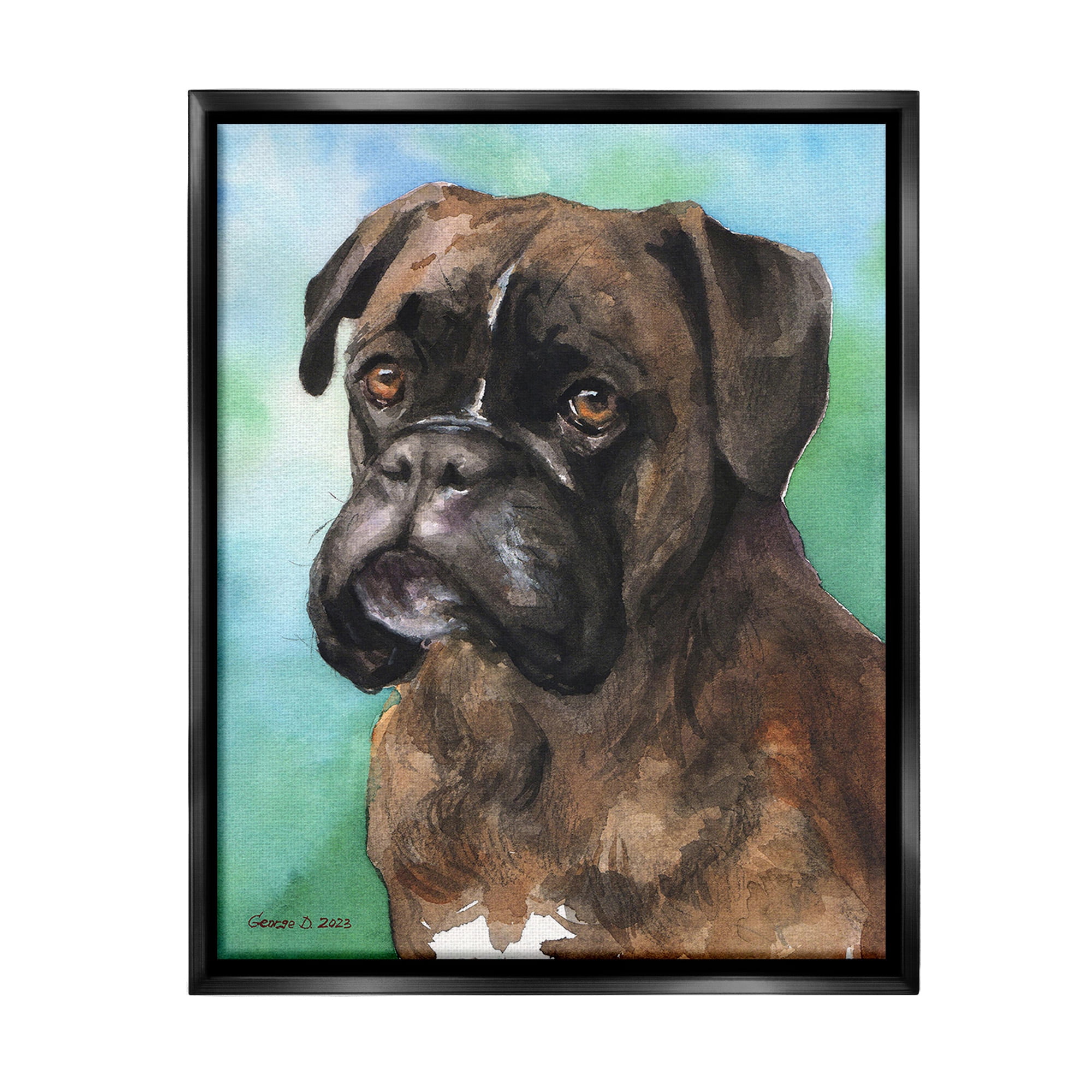 Stupell Industries Boxer Dog Portrait Animals & Insects Painting Black Floater Framed Canvas Art Print Wall Art, 25 x 31