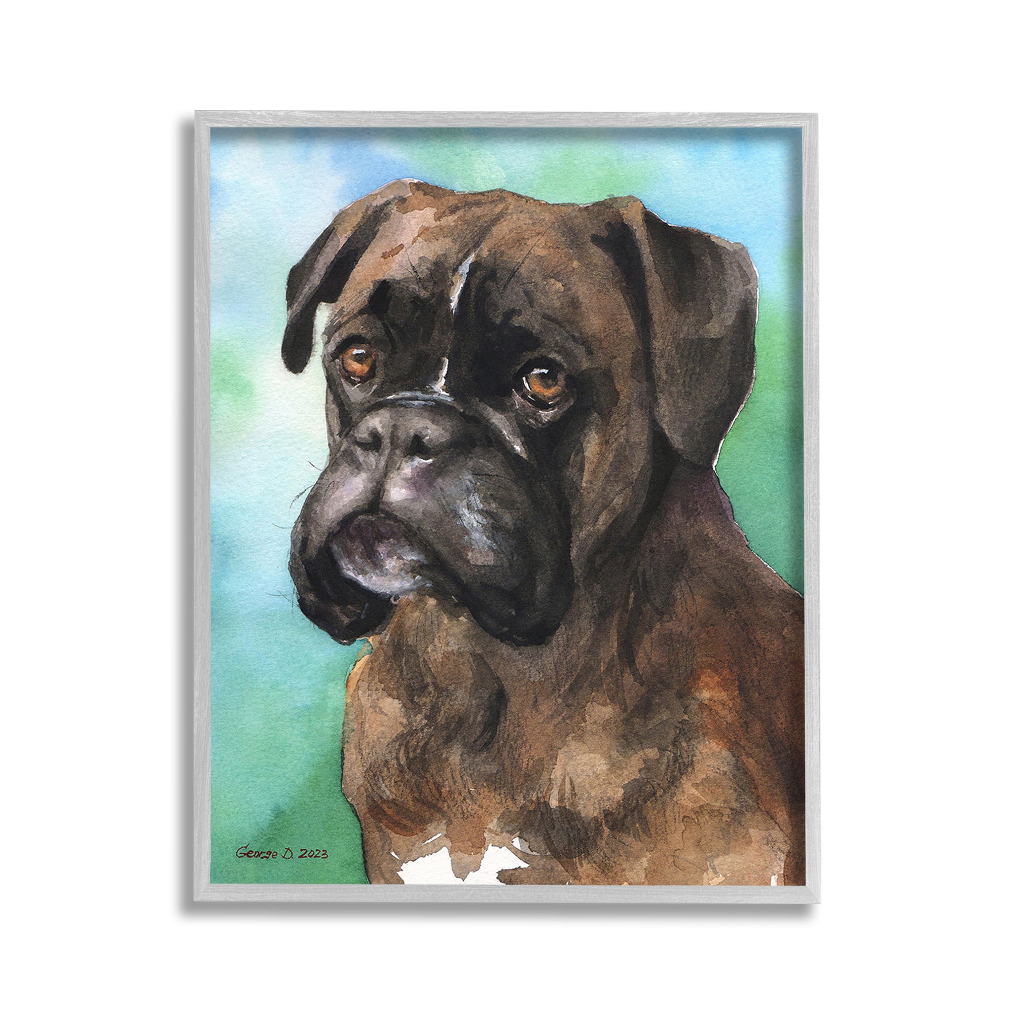 Stupell Industries Boxer Dog Portrait Animals & Insects Painting Gray Framed Art Print Wall Art, 11 x 14