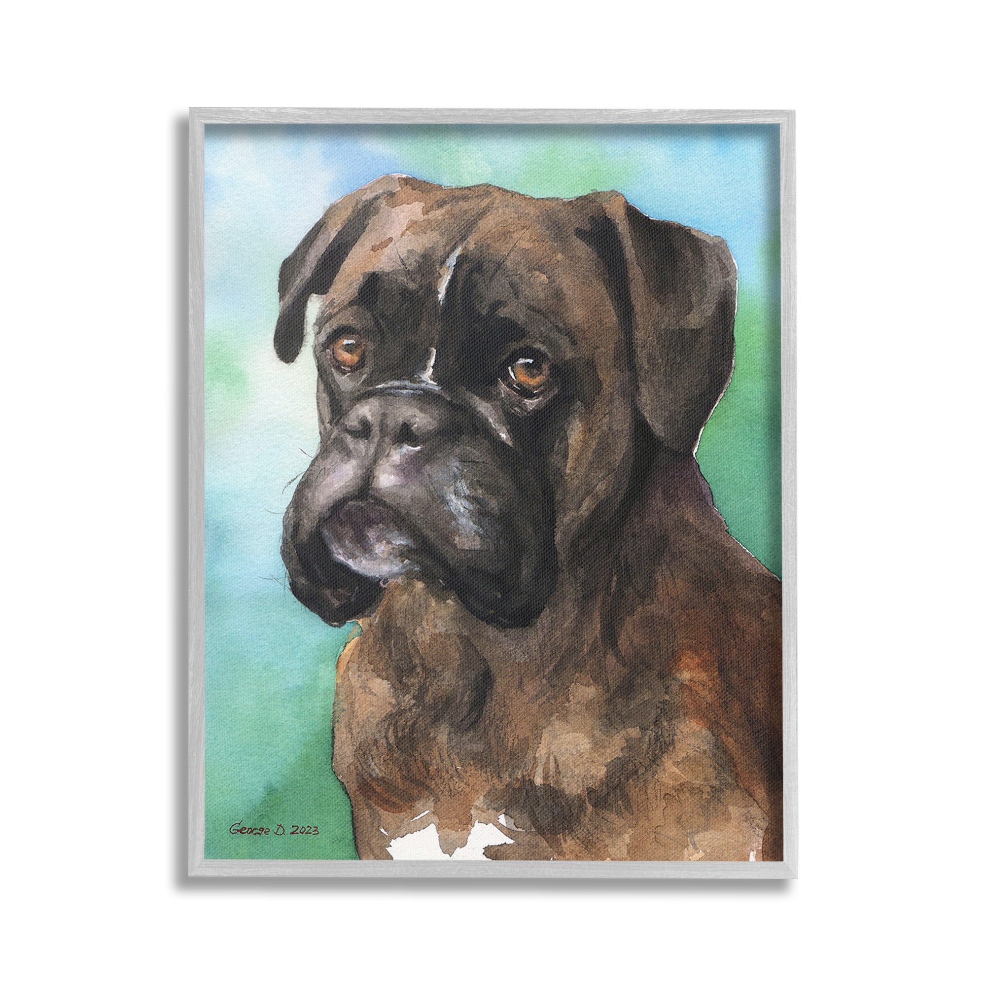 Stupell Industries Boxer Dog Portrait Animals & Insects Painting Gray Framed Art Print Wall Art, 16 x 20