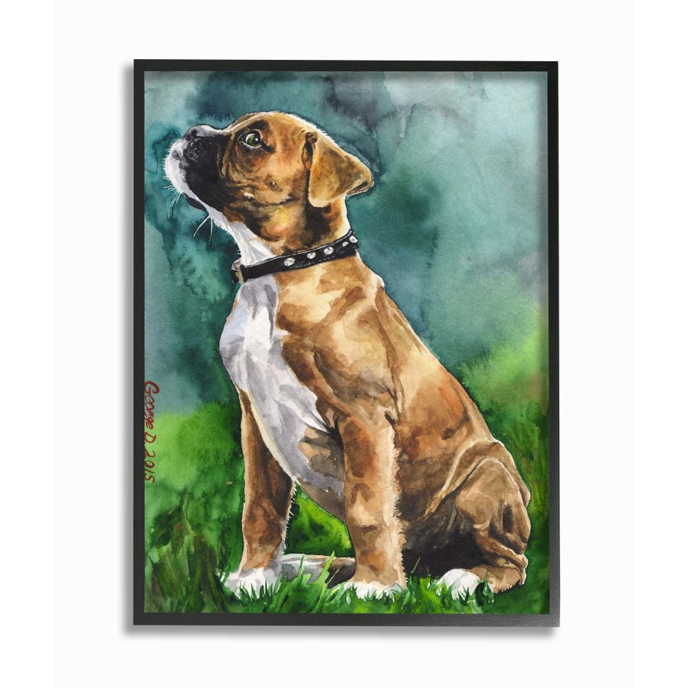 Stupell Industries Boxer Puppy Dog Pet Animal Watercolor Painting Framed Giclee Texturized Art by George Dyachenko
