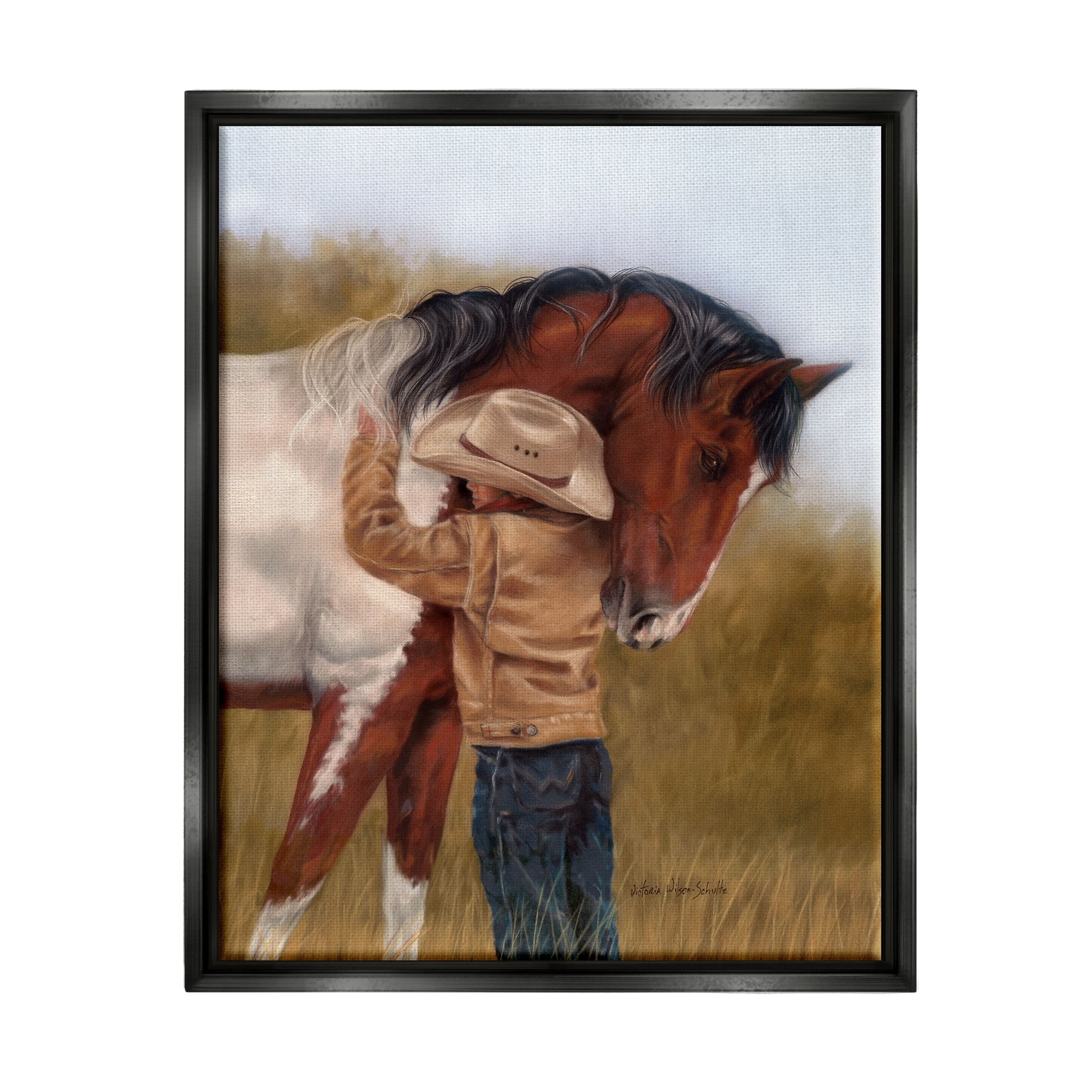 Stupell Industries Boy Hugging Horse Painting Animals & Insects Painting Black Floater Framed Canvas Art Print Wall Art, 25 x 31