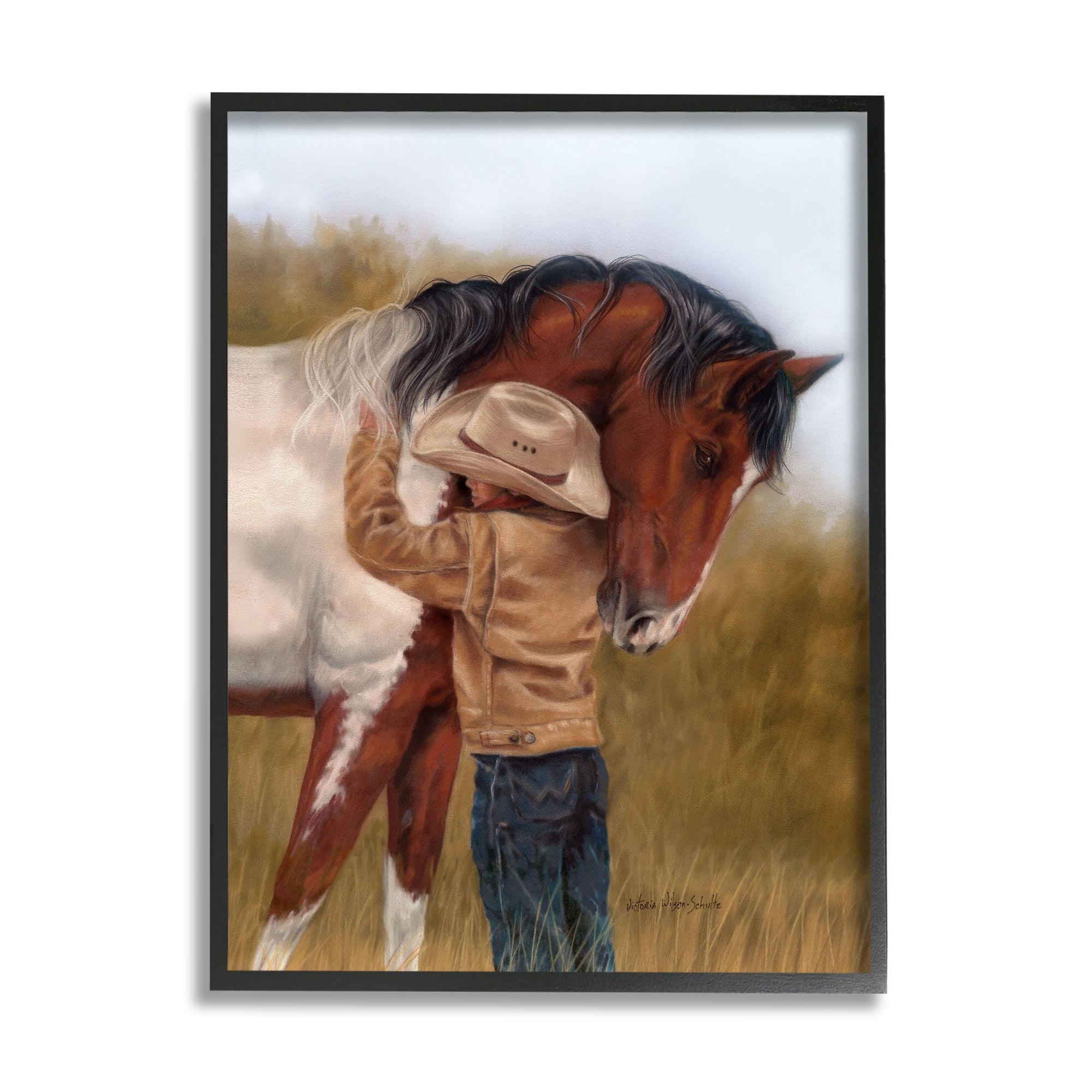 Stupell Industries Boy Hugging Horse Painting Animals & Insects Painting Black Framed Art Print Wall Art, 24 x 30