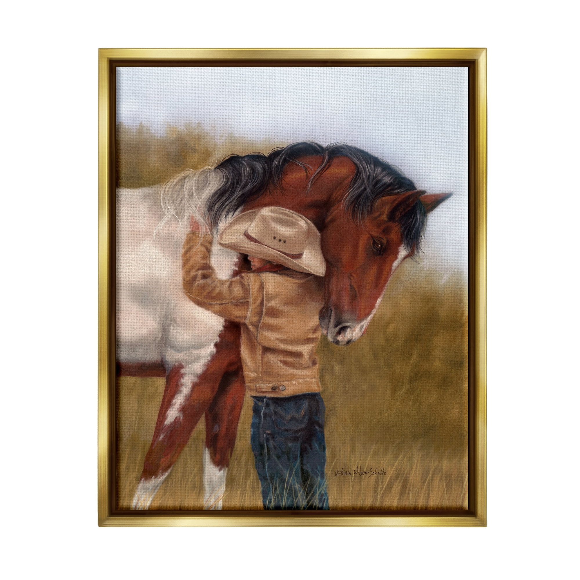 Stupell Industries Boy Hugging Horse Painting Animals & Insects Painting Gold Floater Framed Canvas Art Print Wall Art, 25 x 31