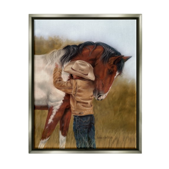 Stupell Industries Boy Hugging Horse Painting Animals & Insects Painting Gray Floater Framed Canvas Art Print Wall Art, 17 x 21