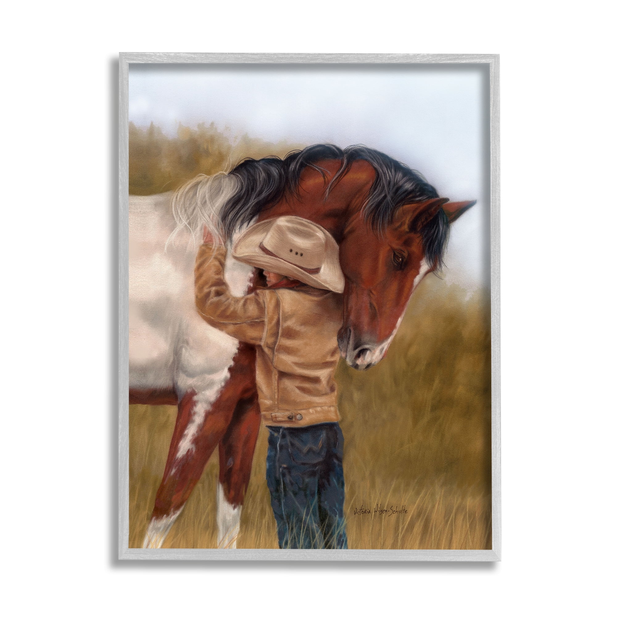 Stupell Industries Boy Hugging Horse Painting Animals & Insects Painting Gray Framed Art Print Wall Art, 11 x 14