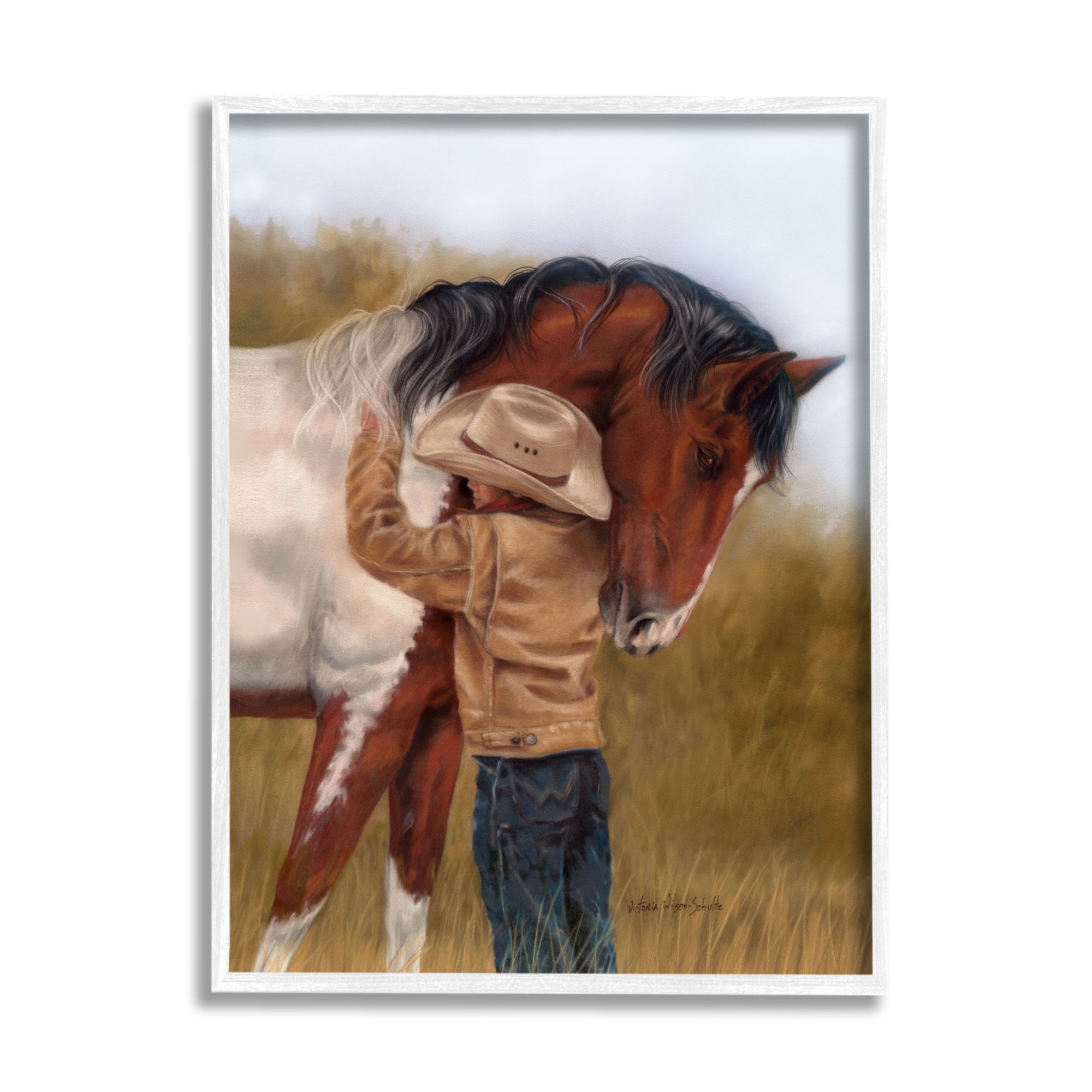 Stupell Industries Boy Hugging Horse Painting Animals & Insects Painting White Framed Art Print Wall Art, 11 x 14