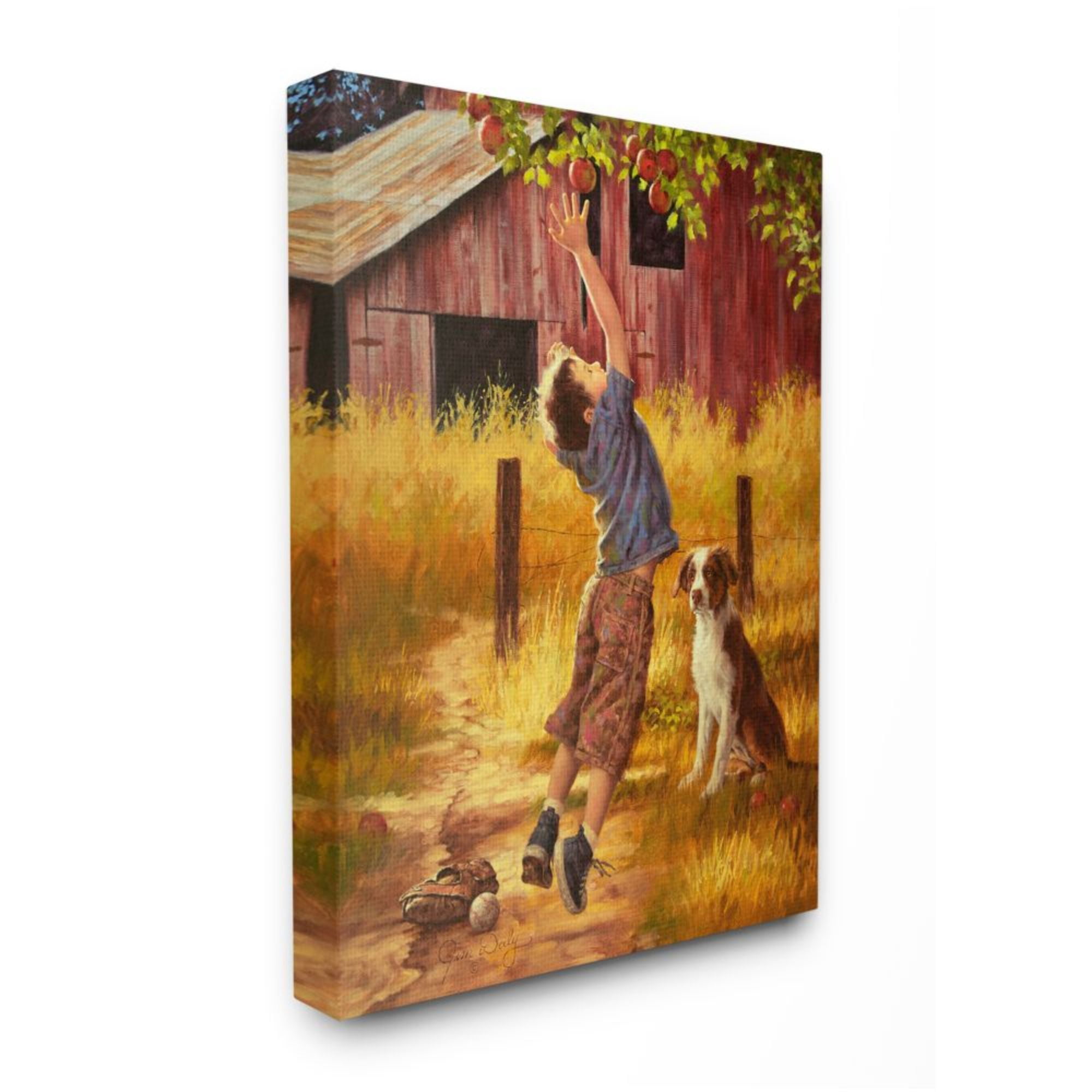 Stupell Industries Boy Jumping for Autumn Farm Apple with Dog Design by Jim Daly, 30" x 40"