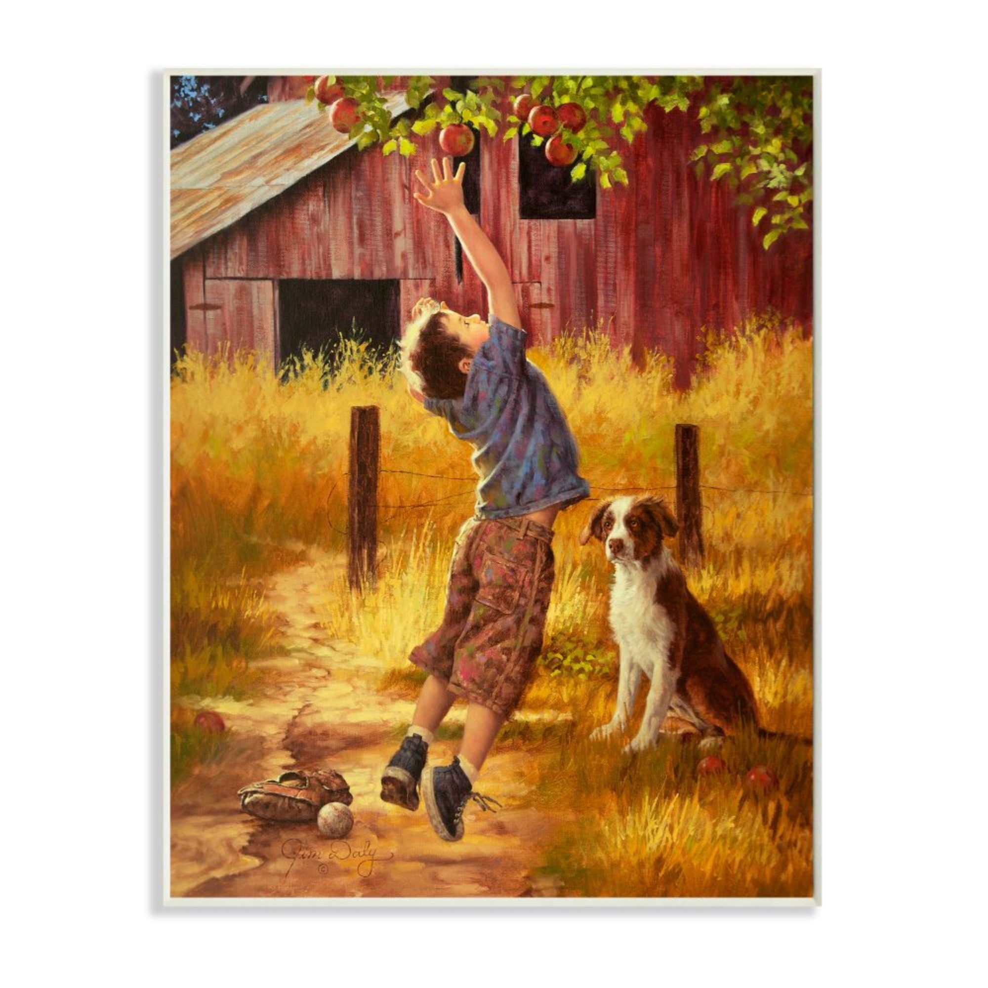 Stupell Industries Boy Jumping for Autumn Farm Apple with Dog Design by Jim Daly