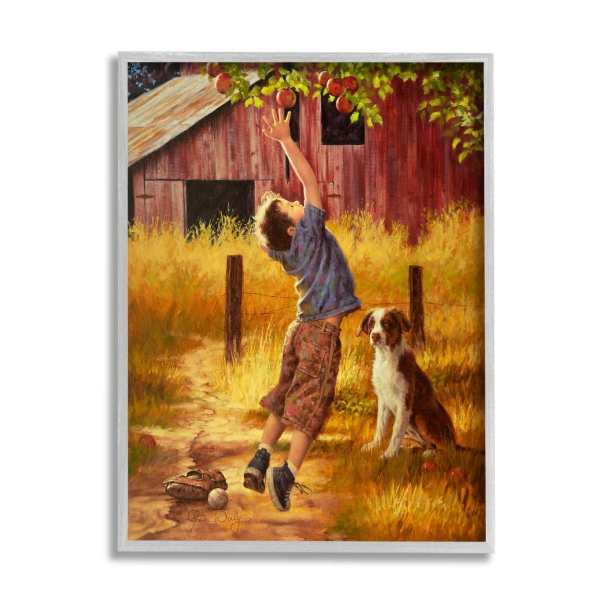 Stupell Industries Boy Jumping for Autumn Farm Apple with Dog Design by Jim Daly