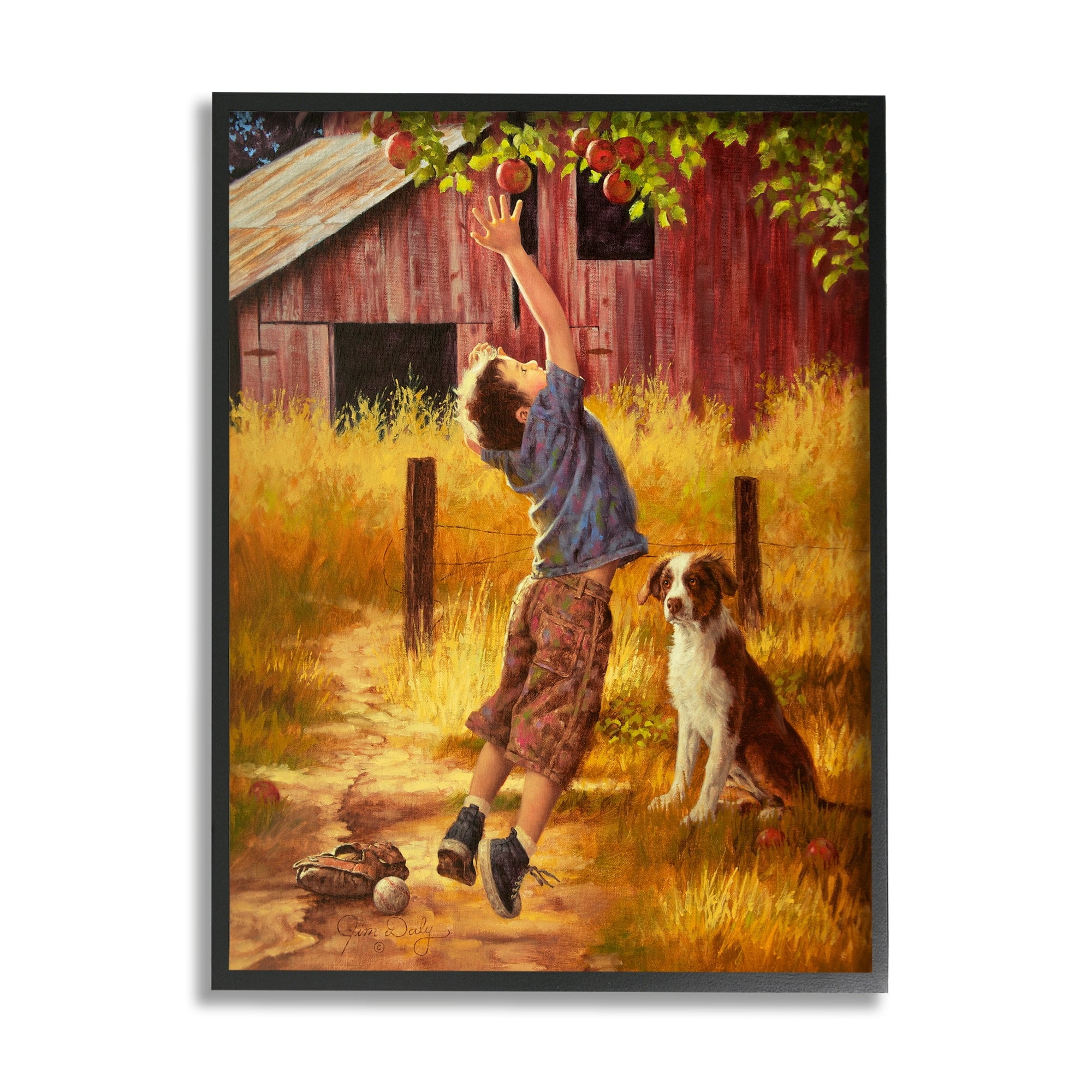 Stupell Industries Boy Jumping for Autumn Farm Apple with Dog