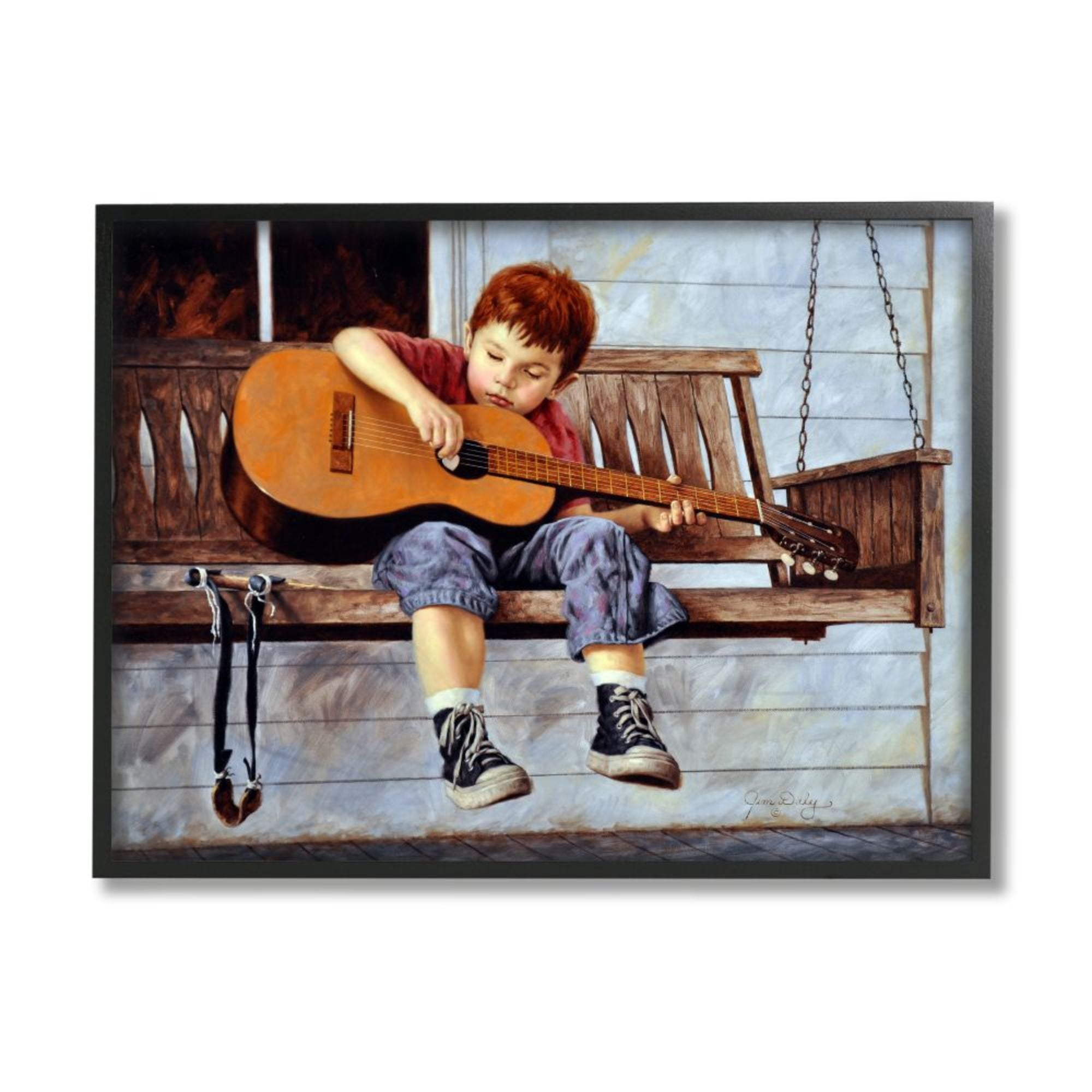 Stupell Industries Boy Strumming Guitar Front Porch Swing Painting Black Framed Art Print Wall Art, 24x30, by Jim Daly