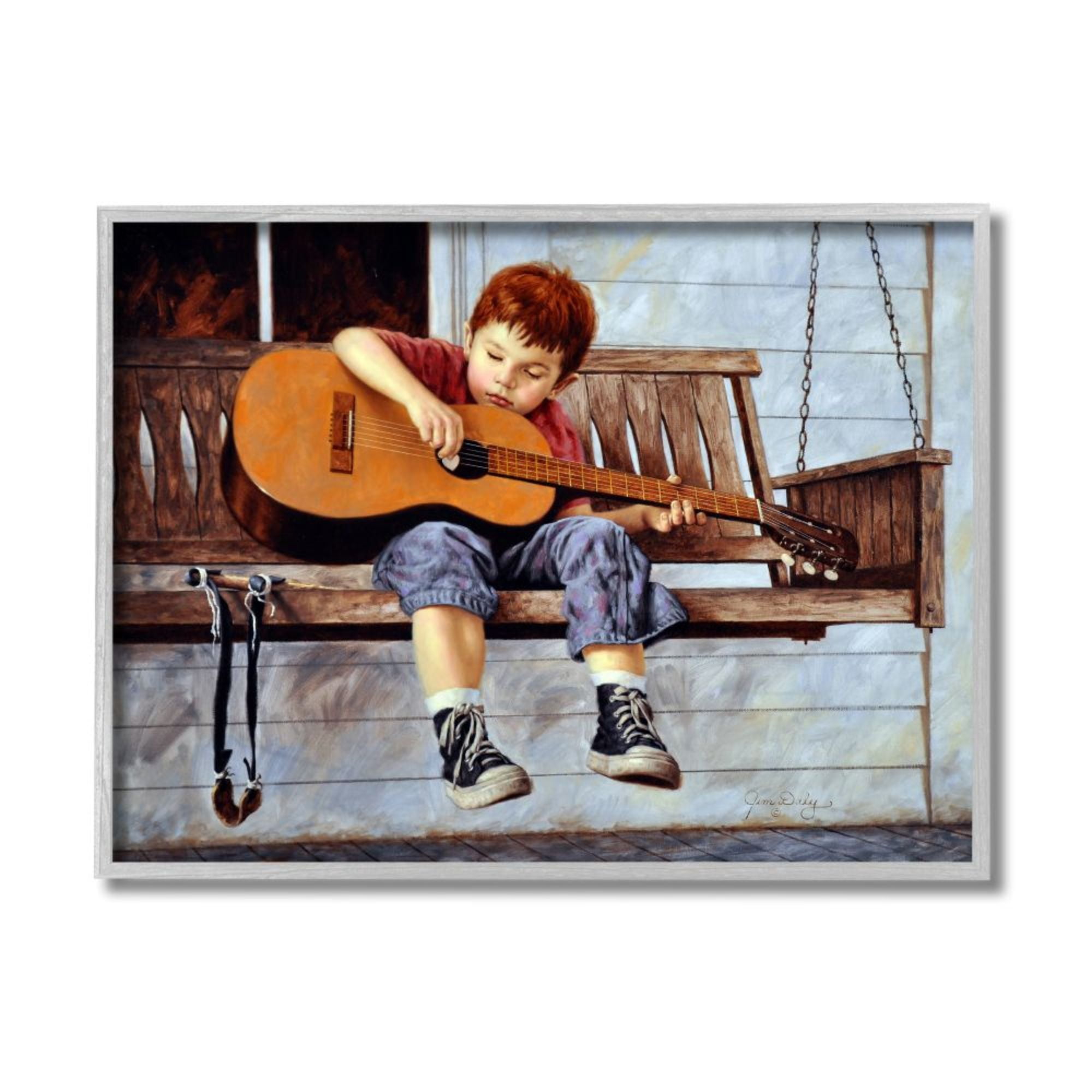 Stupell Industries Boy Strumming Guitar Front Porch Swing Painting Design by Jim Daly
